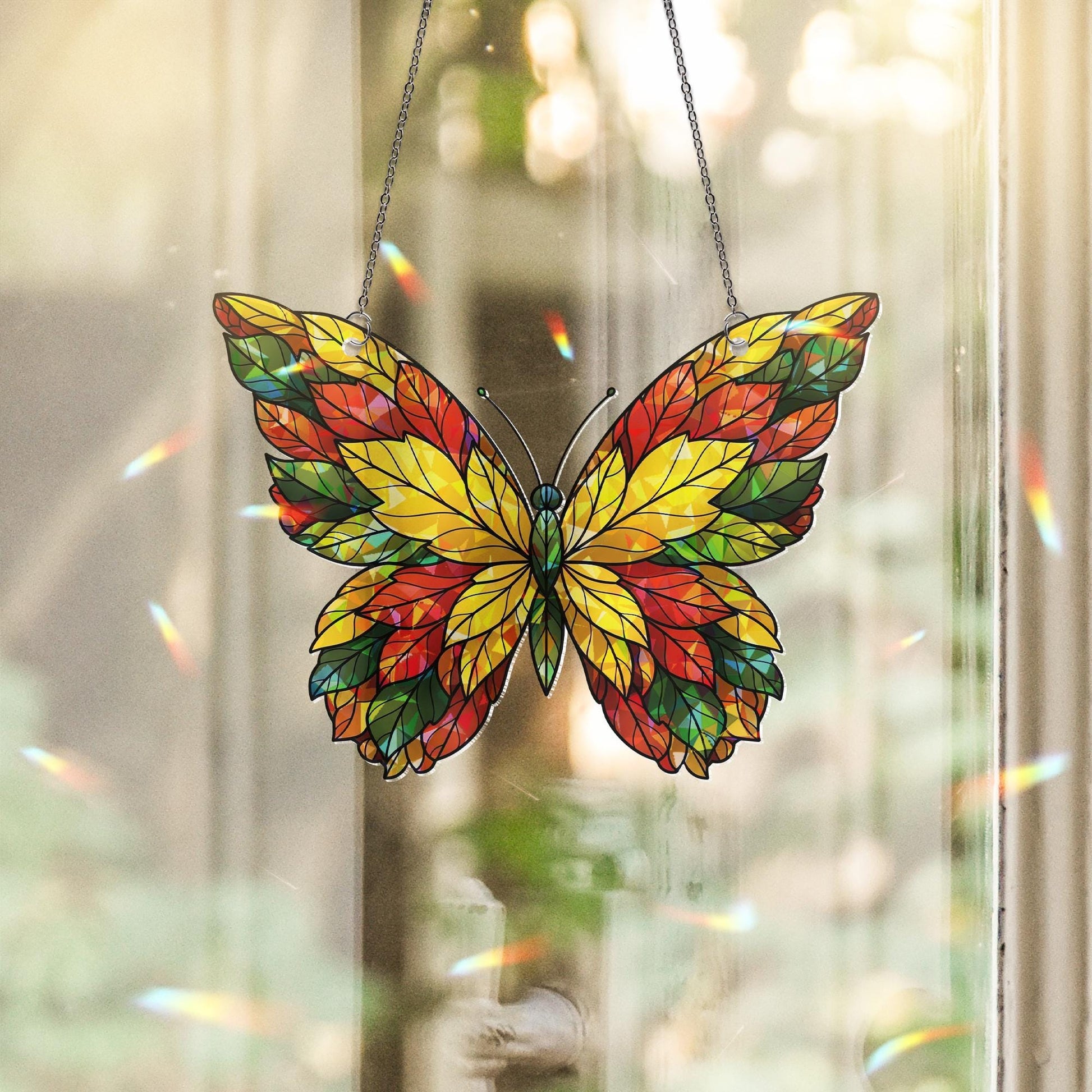 Faux Stained Glass Butterfly Suncatcher | Autumn Leaves Window Decor | Hologram Prism Catcher | Fall Butterfly Art | Unique Home Gift