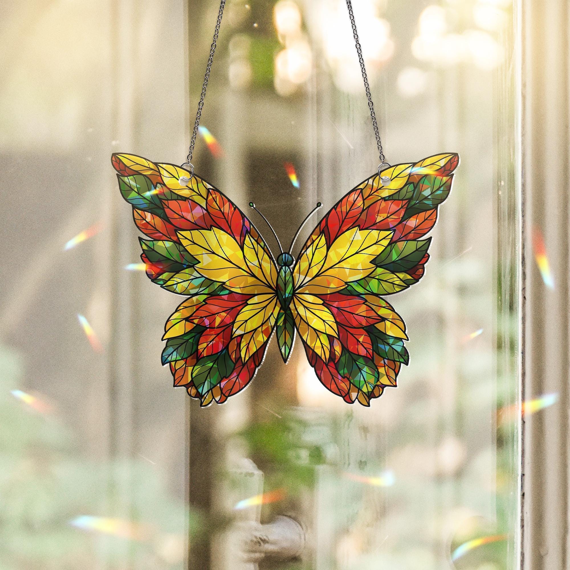 Faux Stained Glass Butterfly Suncatcher | Autumn Leaves Window Decor | Hologram Prism Catcher | Fall Butterfly Art | Unique Home Gift