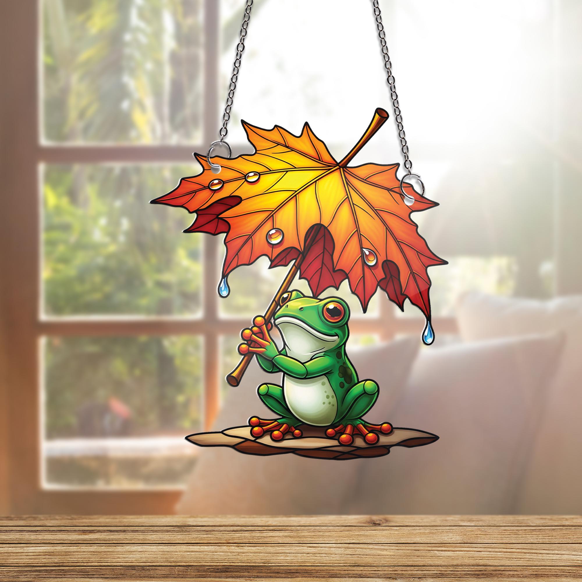 Rainy Day Frog Suncatcher, Autumn Leaf Umbrella Window Art, Cute Frog Decor, Fall Home Accent, Unique Animal Lover Gift, Sun Catcher