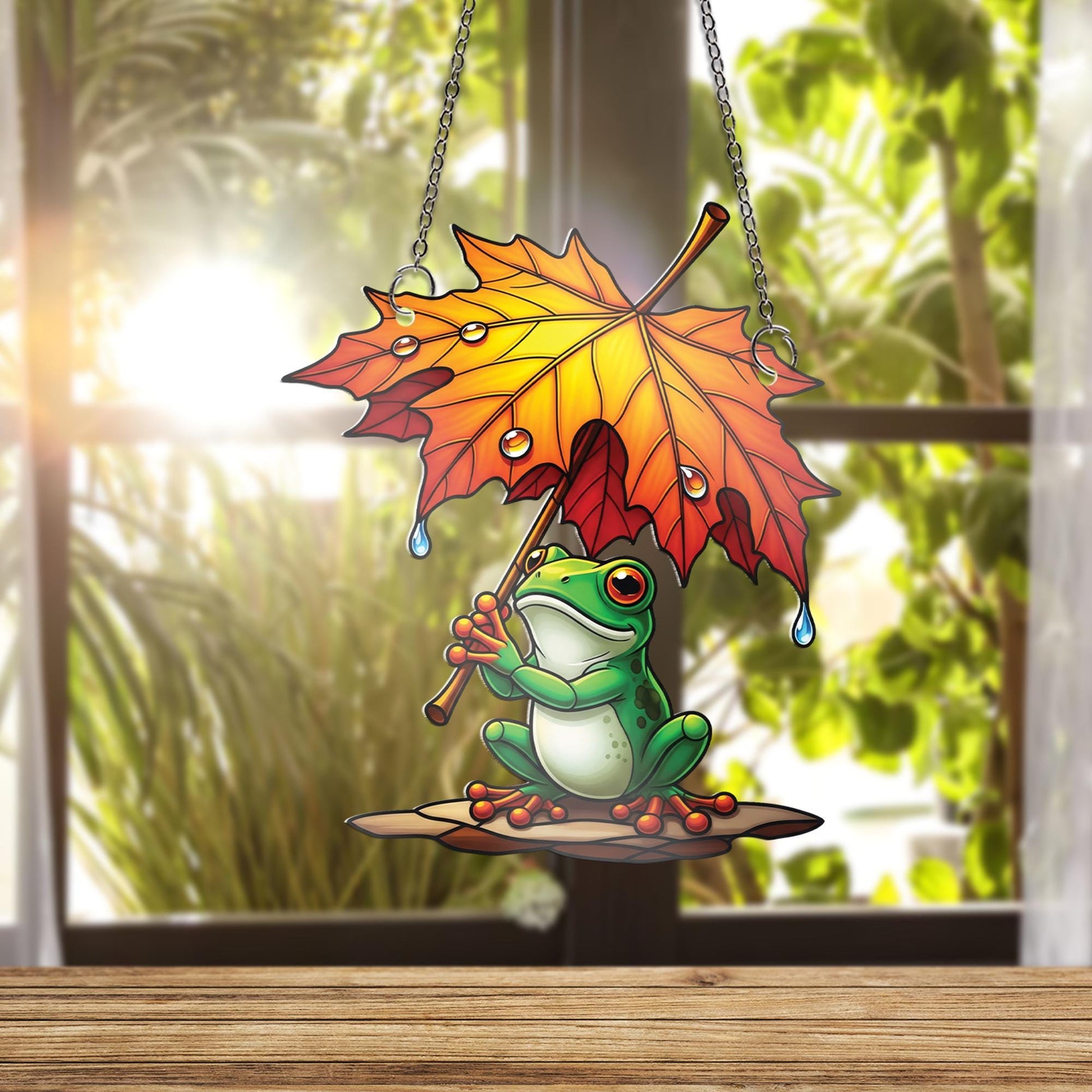 Rainy Day Frog Suncatcher, Autumn Leaf Umbrella Window Art, Cute Frog Decor, Fall Home Accent, Unique Animal Lover Gift, Sun Catcher