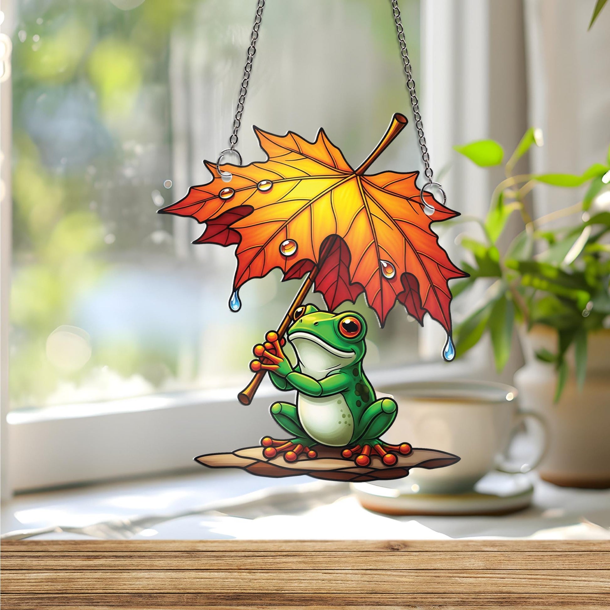 Rainy Day Frog Suncatcher, Autumn Leaf Umbrella Window Art, Cute Frog Decor, Fall Home Accent, Unique Animal Lover Gift, Sun Catcher