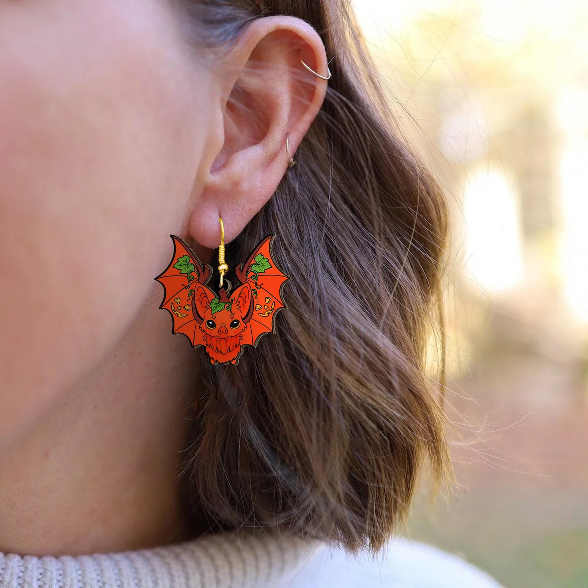 Halloween Bat Earrings, Pumpkin Bat Jewelry, Spooky Cute Dangle Earrings, Autumn Bat Gift, Unique Halloween Accessories, Fall Bat Adornment
