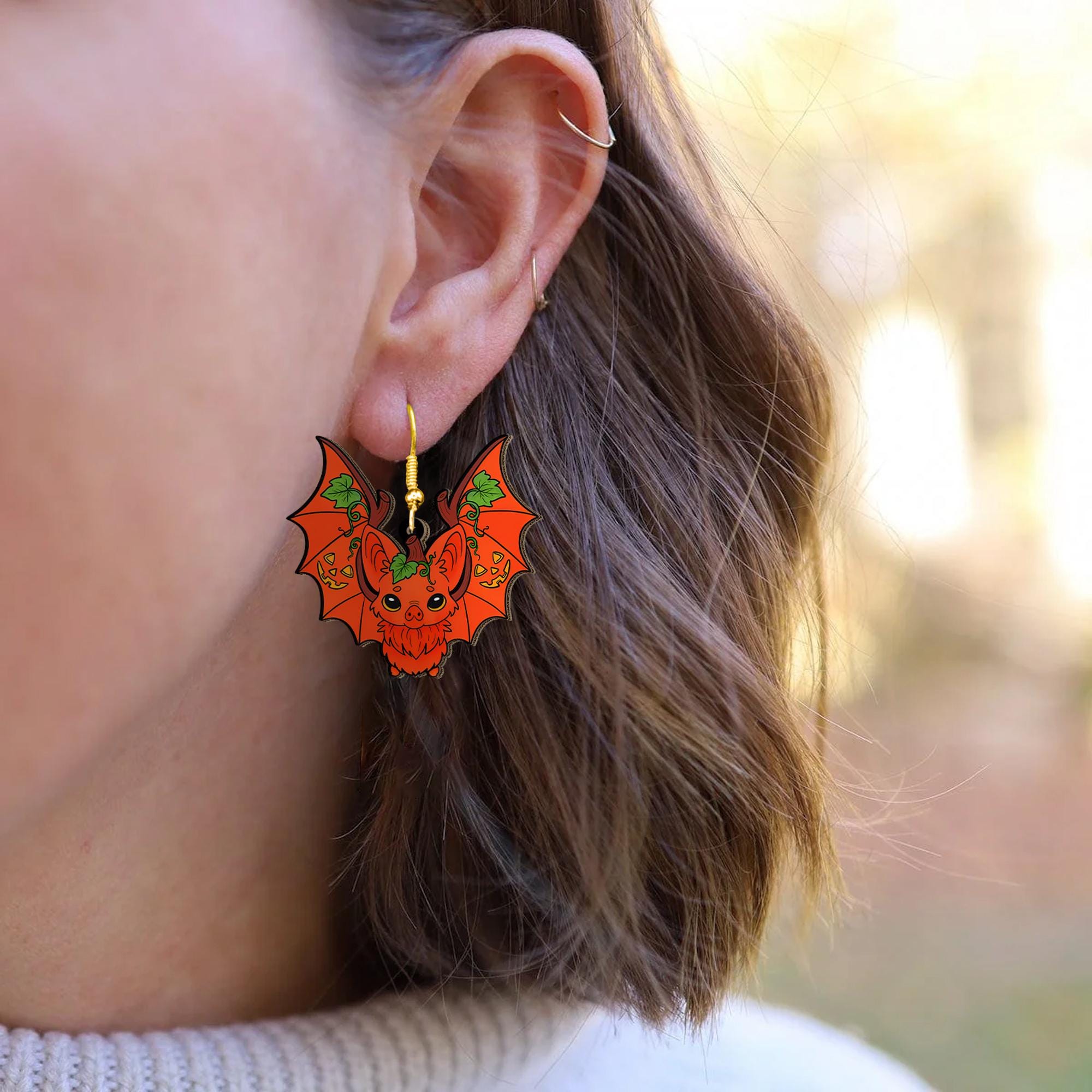 Halloween Bat Earrings, Pumpkin Bat Jewelry, Spooky Cute Dangle Earrings, Autumn Bat Gift, Unique Halloween Accessories, Fall Bat Adornment