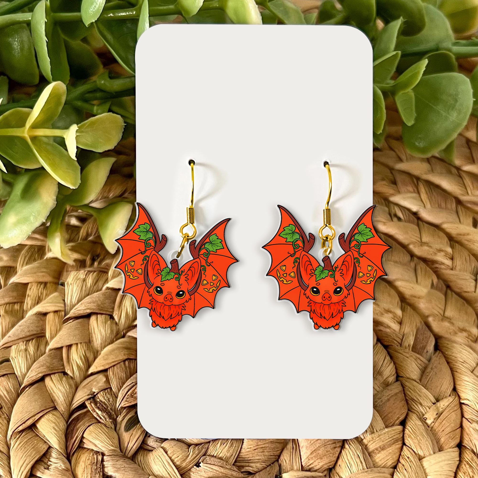 Halloween Bat Earrings, Pumpkin Bat Jewelry, Spooky Cute Dangle Earrings, Autumn Bat Gift, Unique Halloween Accessories, Fall Bat Adornment
