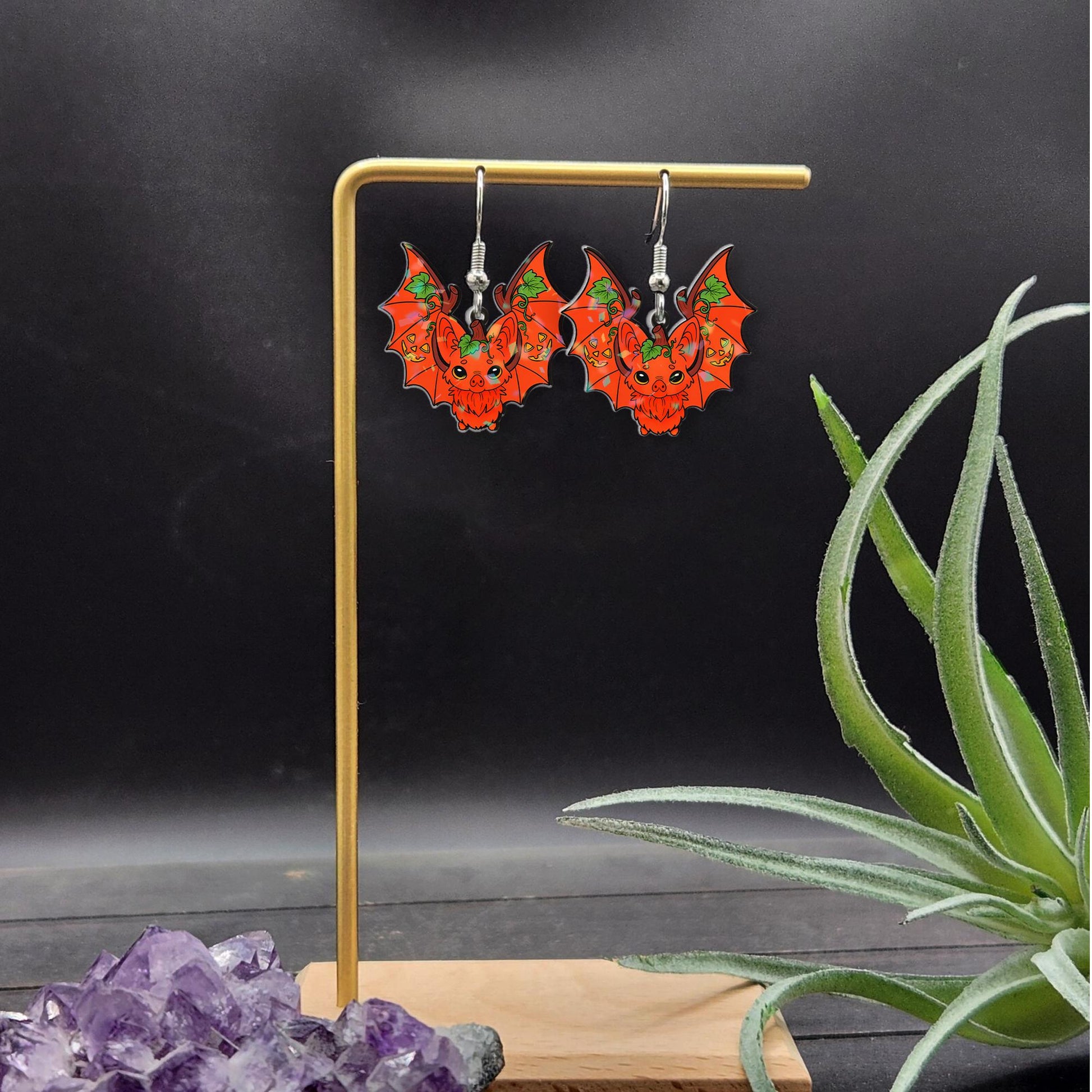 Halloween Bat Earrings, Pumpkin Bat Jewelry, Spooky Cute Dangle Earrings, Autumn Bat Gift, Unique Halloween Accessories, Fall Bat Adornment
