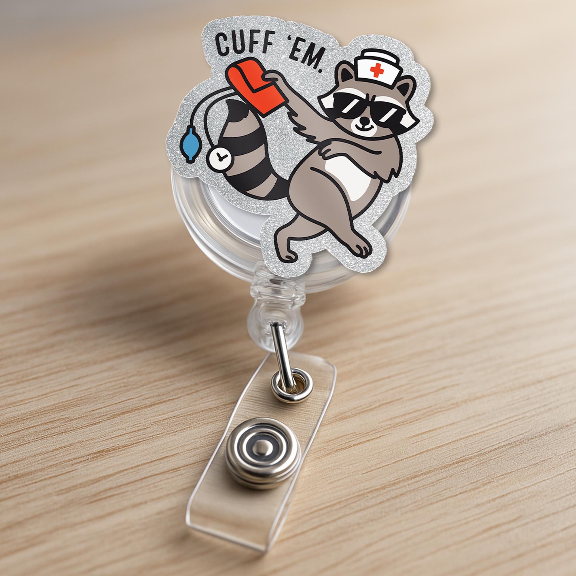 Nurse Funny Badge Reel, Silly Raccoon Nurse Badge Clip, ER Nurse ID Holder, RN Nurse Name Tag Cuff Em Nurse Practitioner Nurse Appreciation
