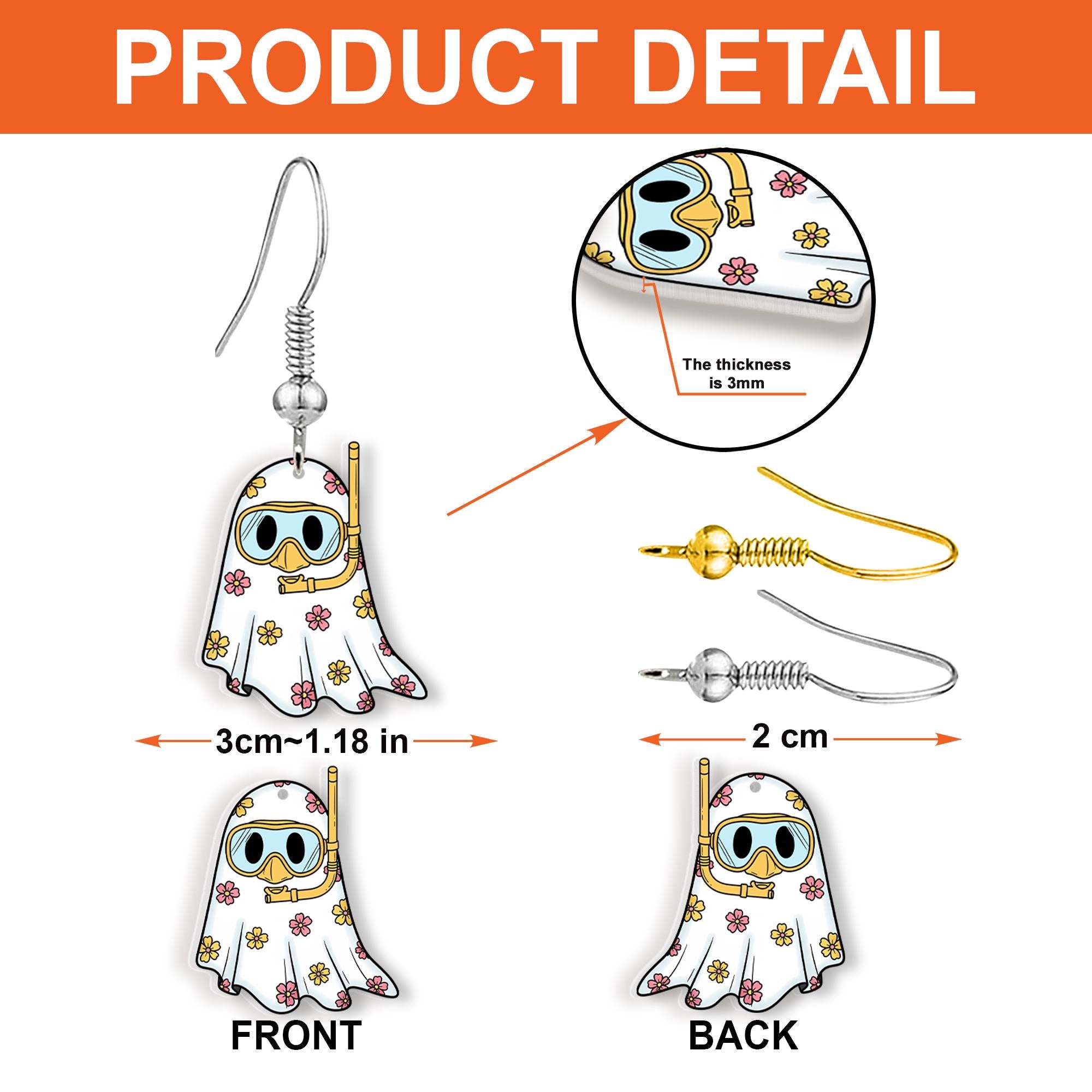 Summer Ghost Earrings, Snorkel Ghost Jewelry, Beachy Spooky Dangles, Cute Ghost Gift, Vacation Theme Earrings, Floral Ghost Accessory