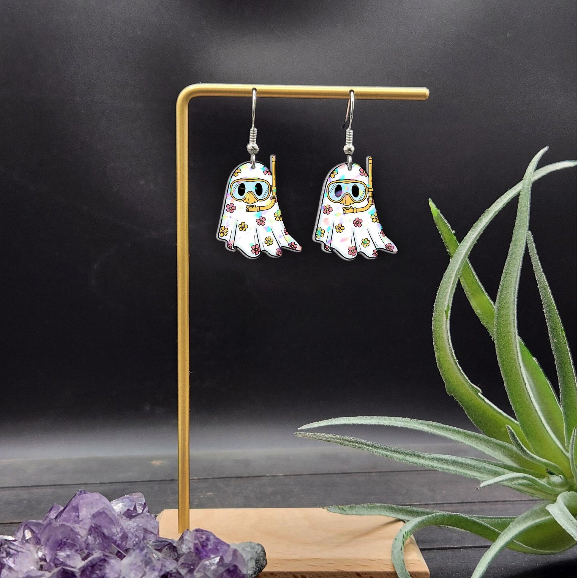 Summer Ghost Earrings, Snorkel Ghost Jewelry, Beachy Spooky Dangles, Cute Ghost Gift, Vacation Theme Earrings, Floral Ghost Accessory