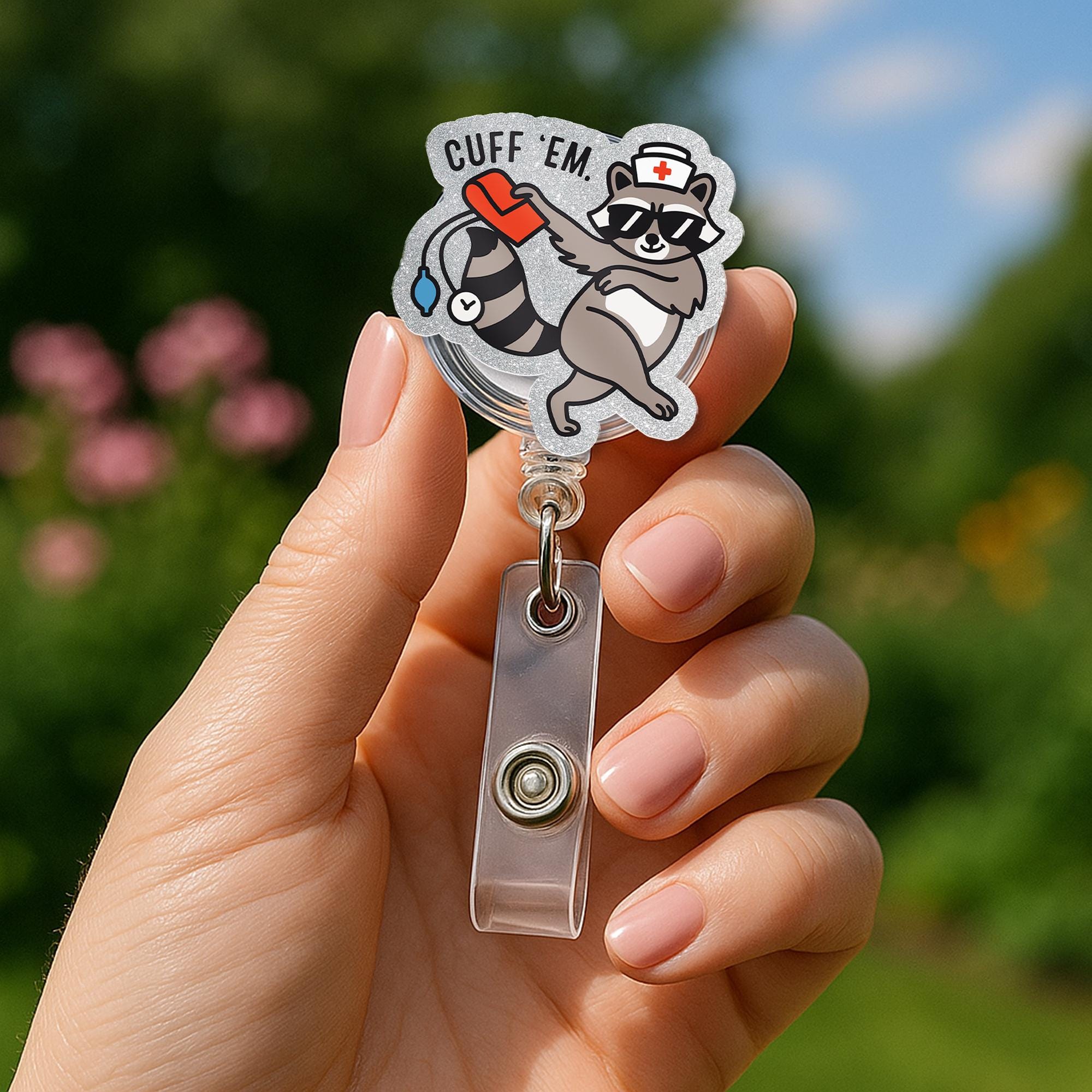 Nurse Funny Badge Reel, Silly Raccoon Nurse Badge Clip, ER Nurse ID Holder, RN Nurse Name Tag Cuff Em Nurse Practitioner Nurse Appreciation
