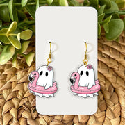 Pool Party Ghost Earrings, Flamingo Float Ghost Jewelry, Summer Spooky Dangles, Cute Ghost Gift, Vacation Theme Earrings, Beach Ghost