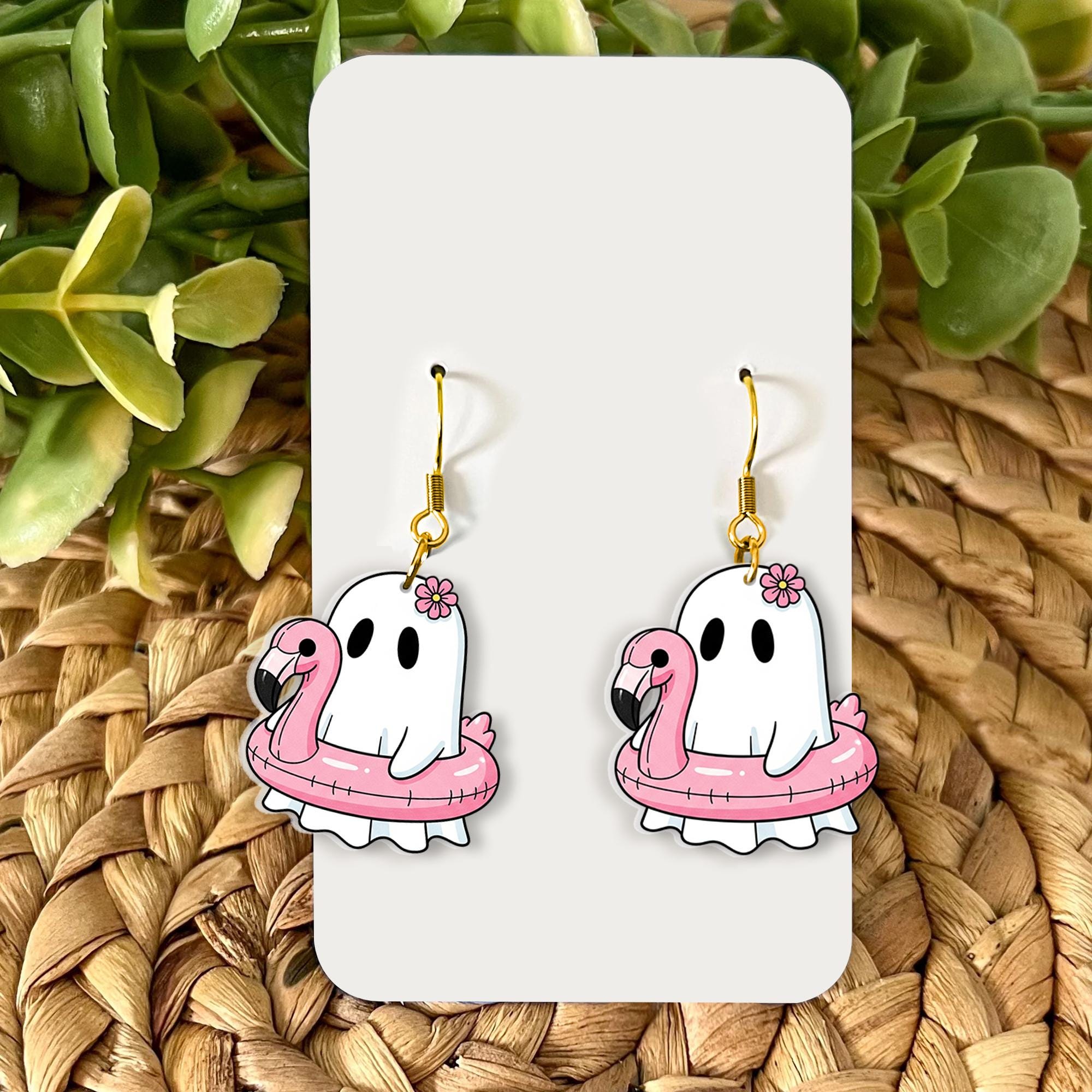 Pool Party Ghost Earrings, Flamingo Float Ghost Jewelry, Summer Spooky Dangles, Cute Ghost Gift, Vacation Theme Earrings, Beach Ghost