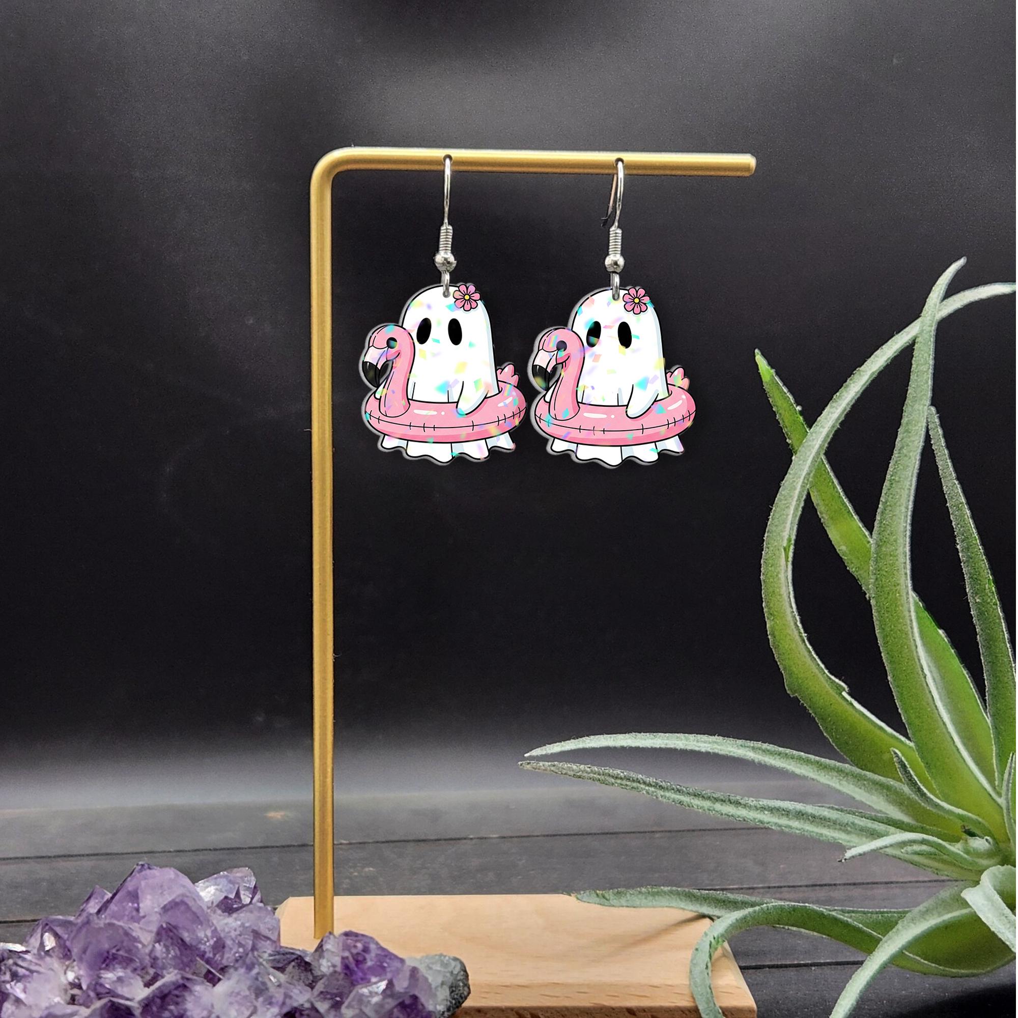 Pool Party Ghost Earrings, Flamingo Float Ghost Jewelry, Summer Spooky Dangles, Cute Ghost Gift, Vacation Theme Earrings, Beach Ghost