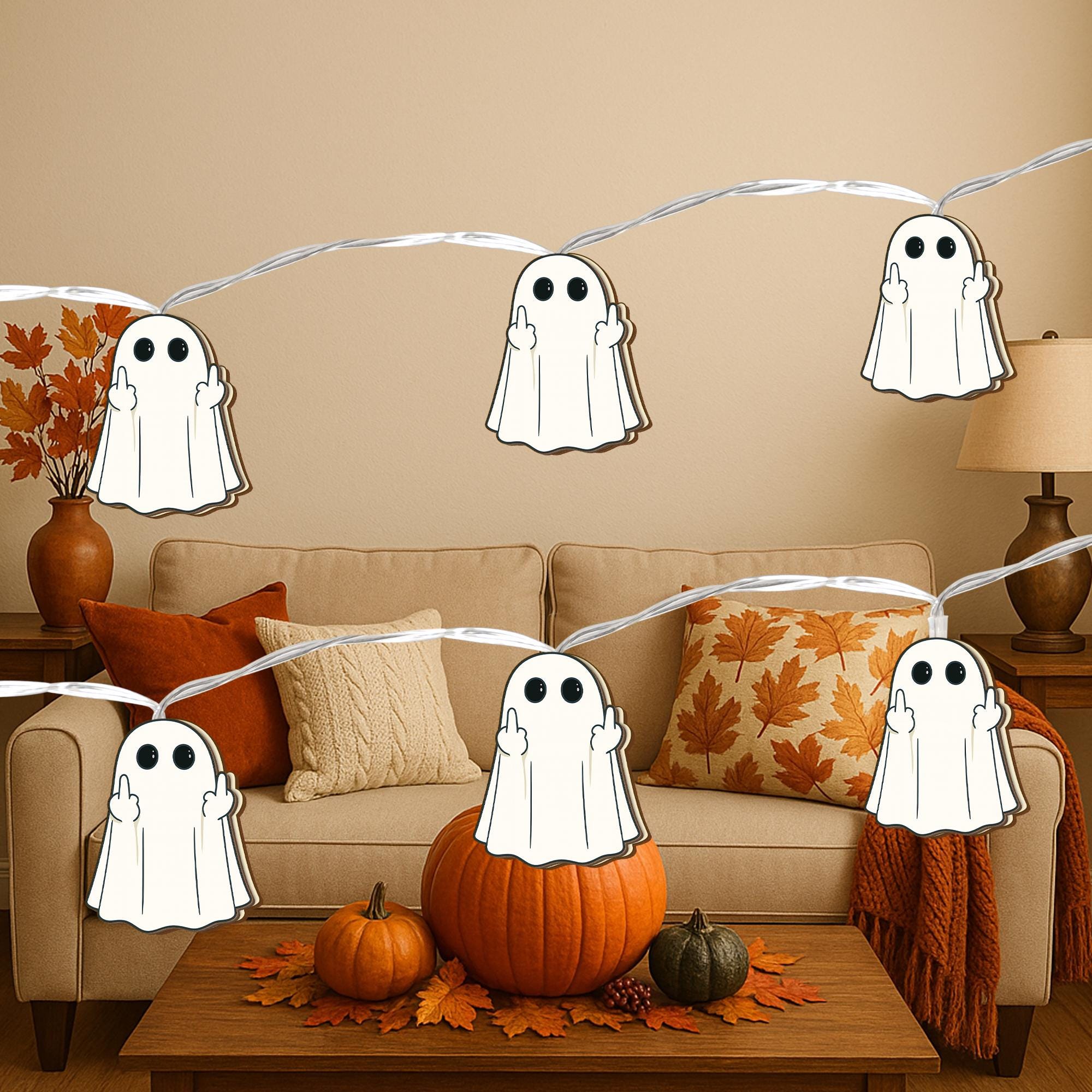 Rude Ghost String Lights – Funny Halloween Middle Finger Lights, Spooky Offensive Ghost Decor for Sassy Adults & Goth Humor Lovers