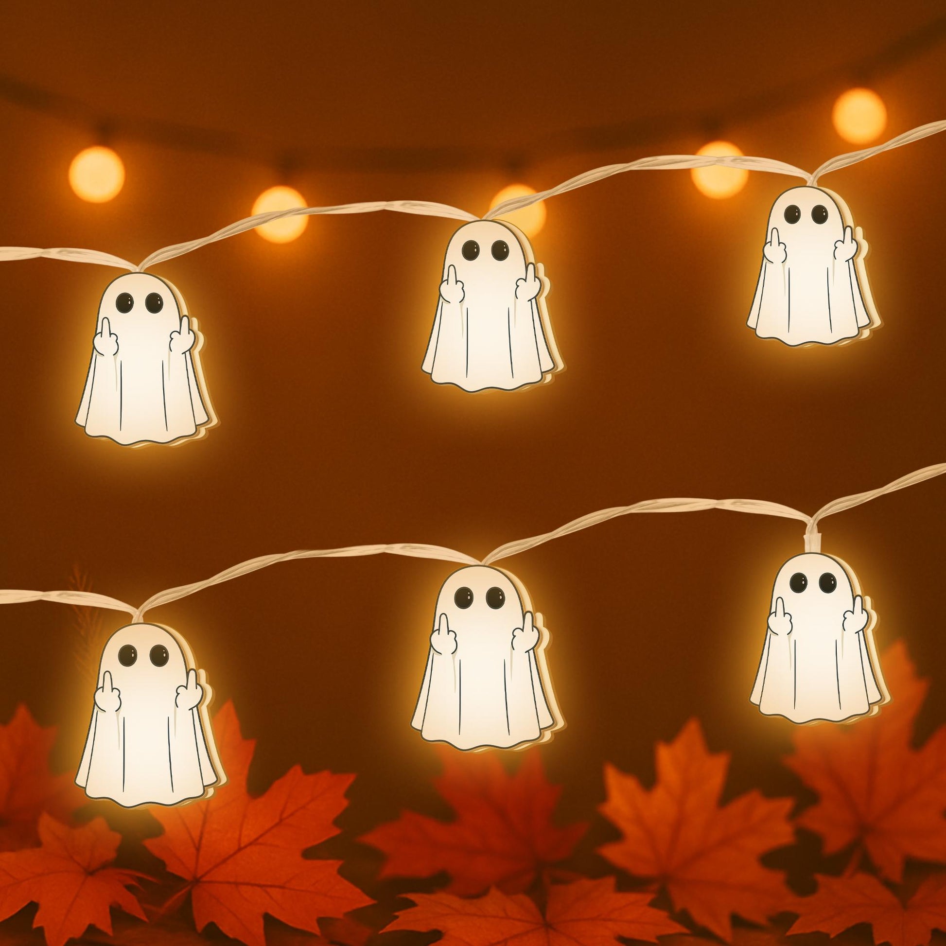 Rude Ghost String Lights – Funny Halloween Middle Finger Lights, Spooky Offensive Ghost Decor for Sassy Adults & Goth Humor Lovers