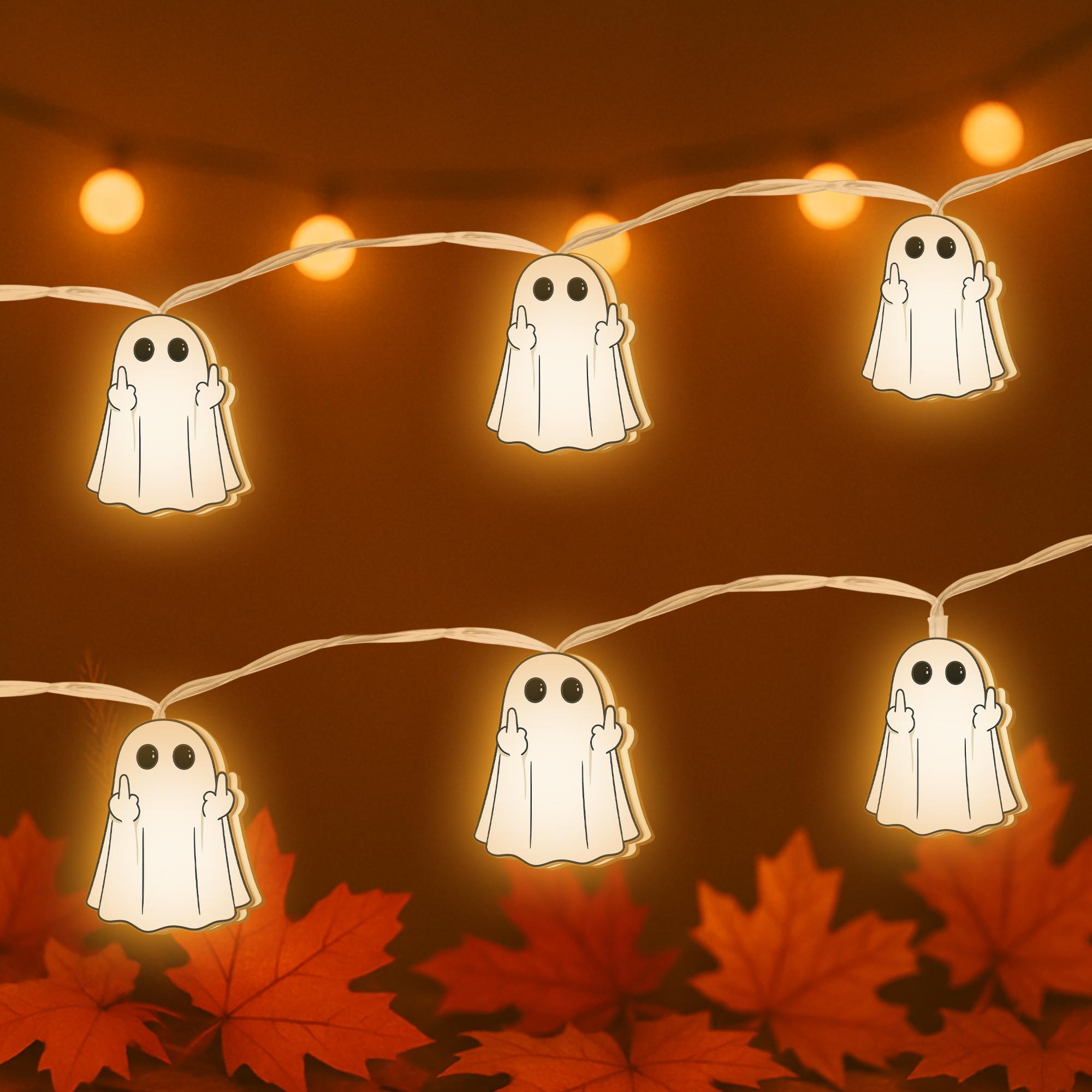 Rude Ghost String Lights – Funny Halloween Middle Finger Lights, Spooky Offensive Ghost Decor for Sassy Adults & Goth Humor Lovers