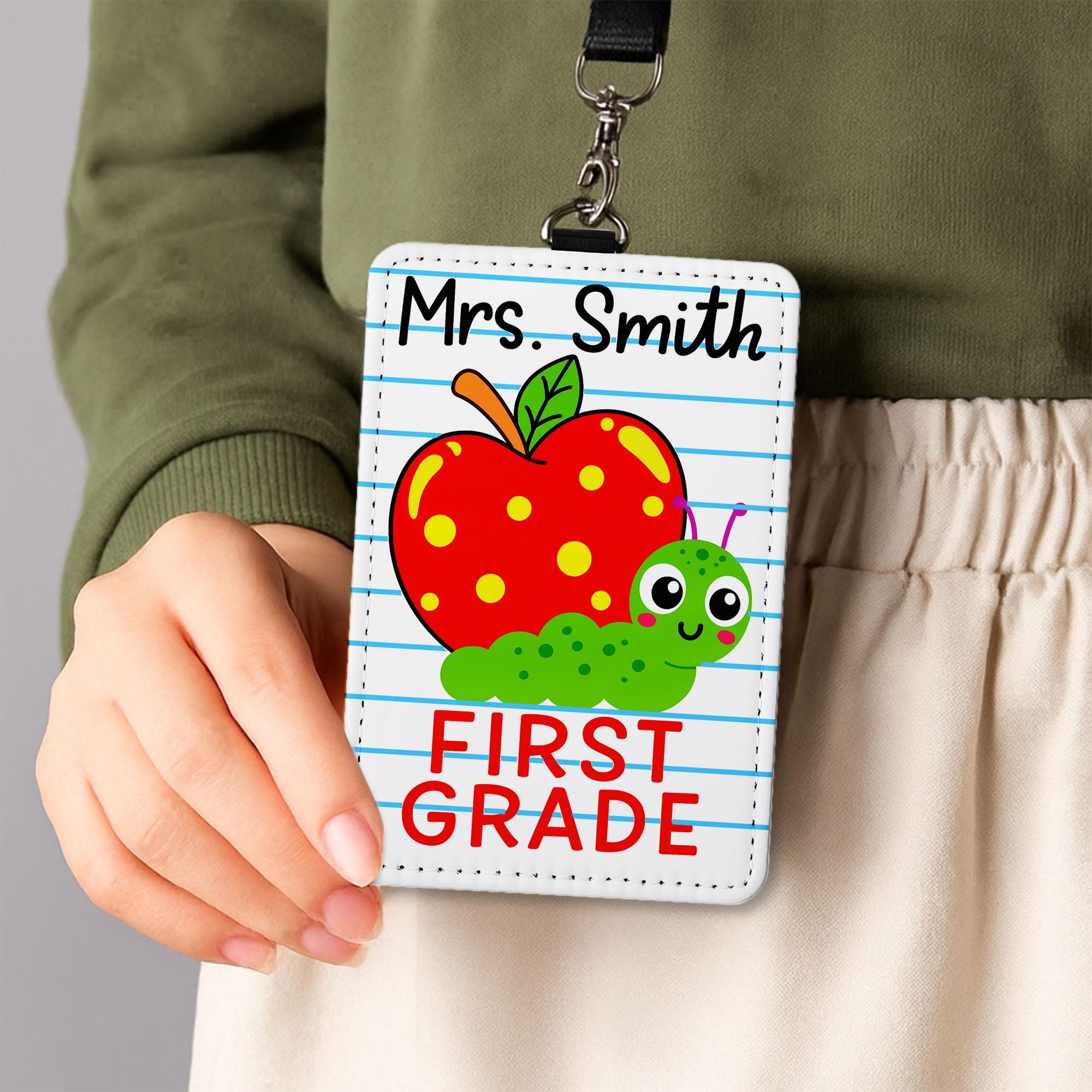 Personalized Teacher Badge Reel Holder, Cute Apple, Worm First Grade Name Tag, Back to School Classroom Lanyard ID Accessory, Back To School