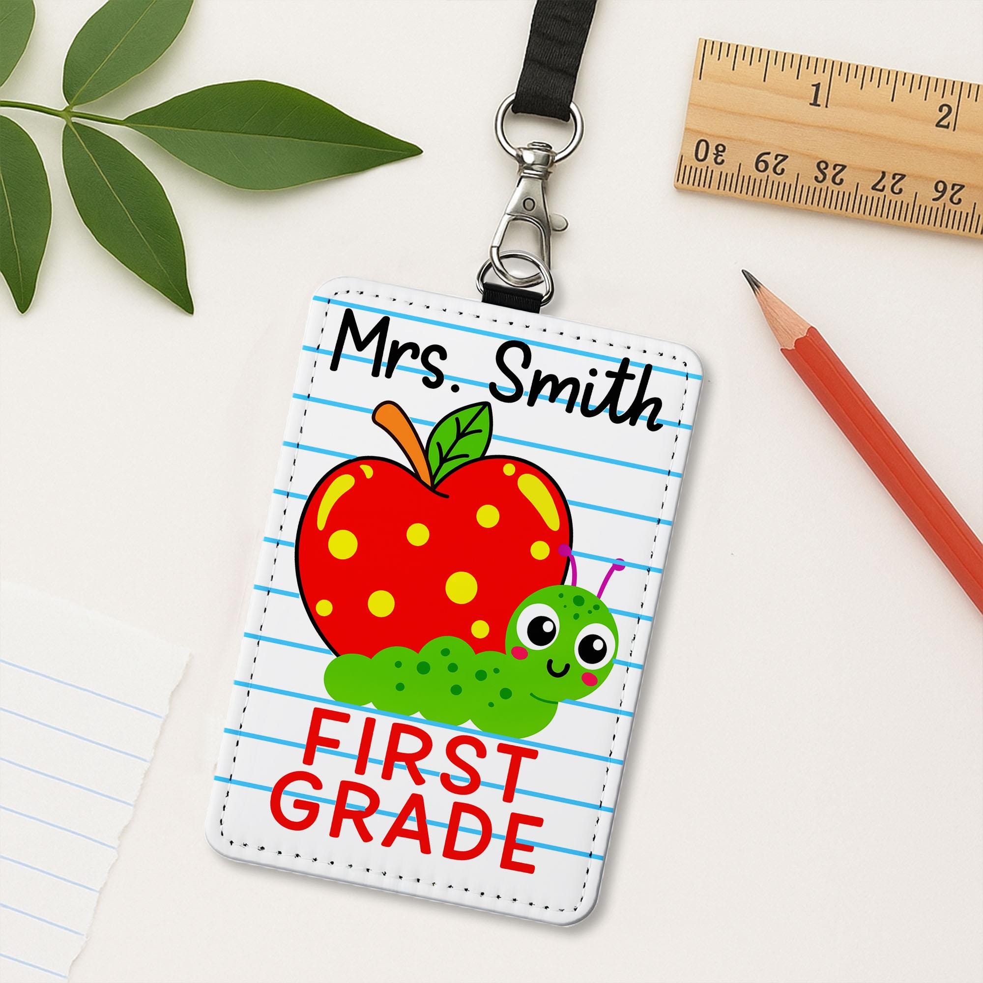 Personalized Teacher Badge Reel Holder, Cute Apple, Worm First Grade Name Tag, Back to School Classroom Lanyard ID Accessory, Back To School