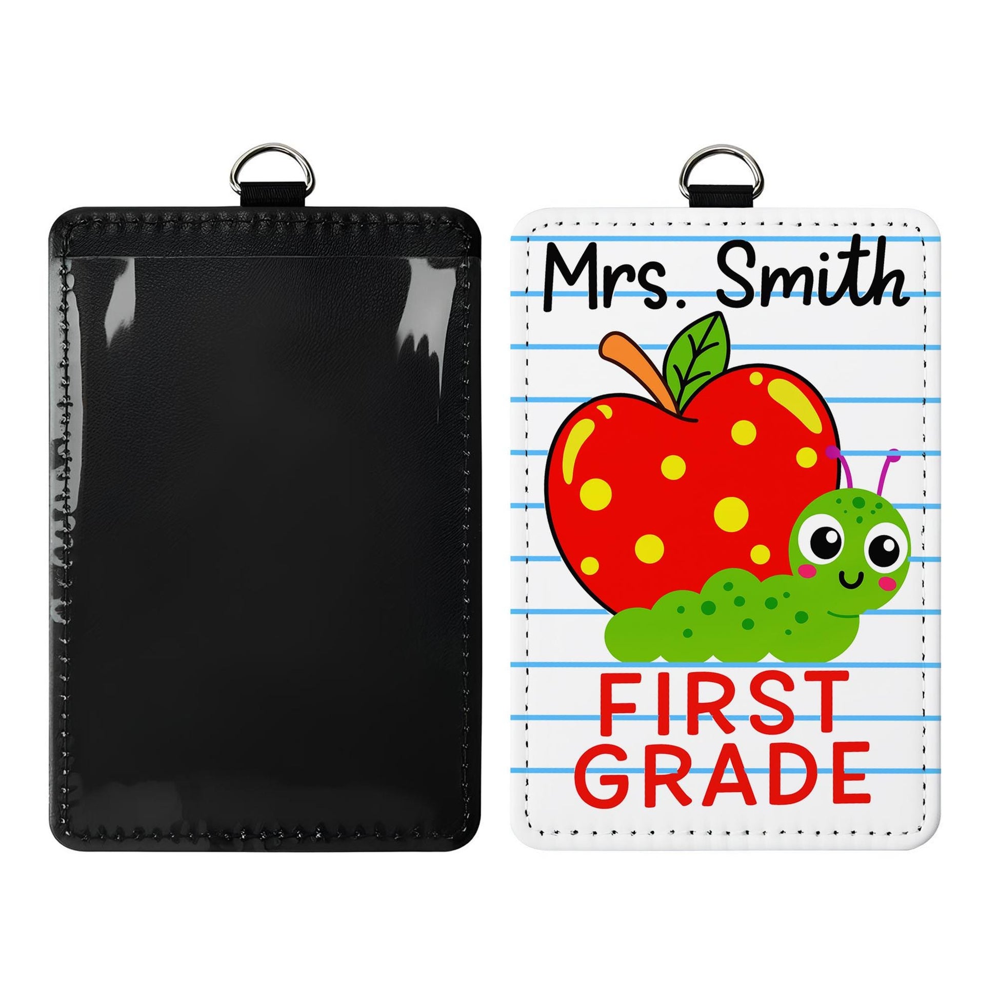 Personalized Teacher Badge Reel Holder, Cute Apple, Worm First Grade Name Tag, Back to School Classroom Lanyard ID Accessory, Back To School