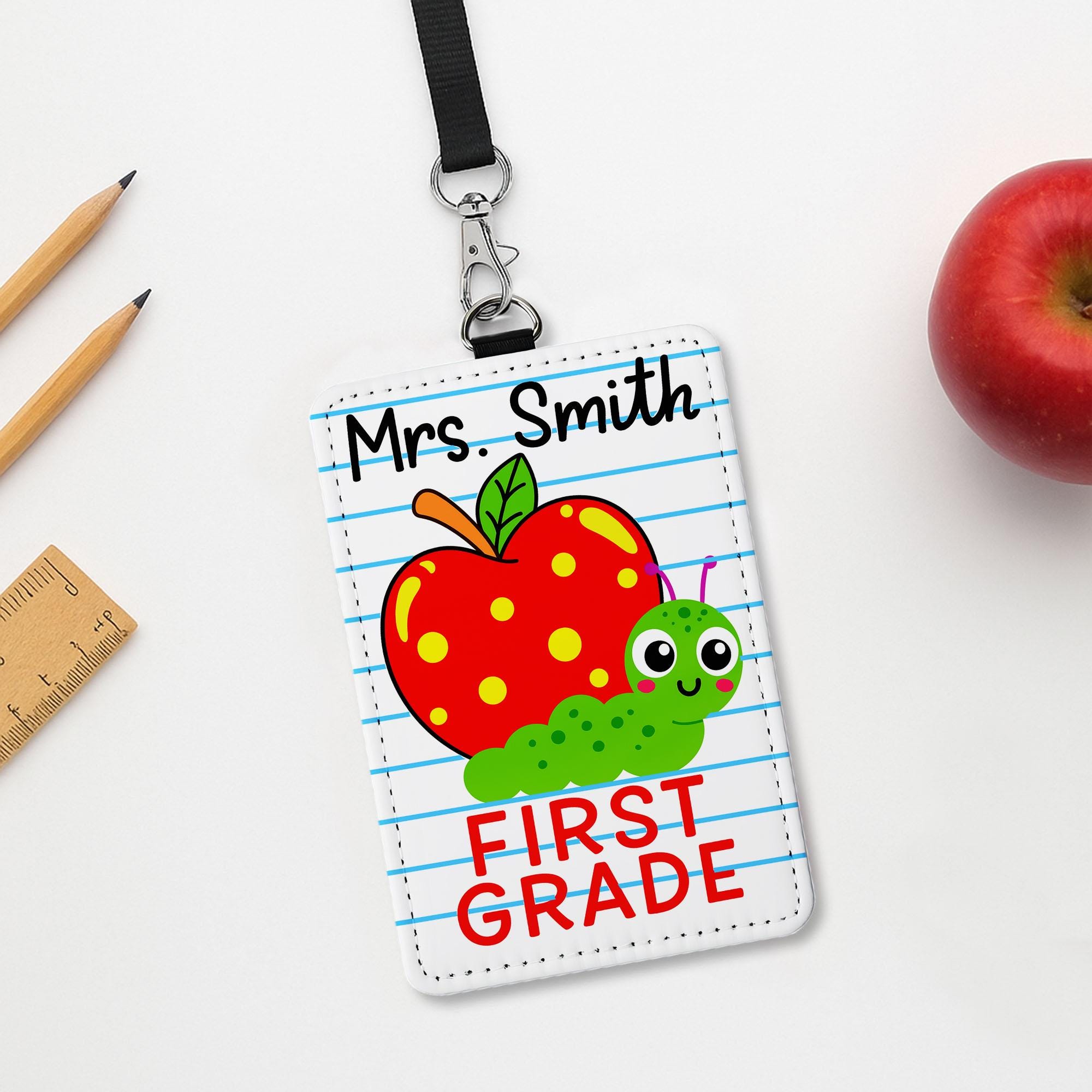 Personalized Teacher Badge Reel Holder, Cute Apple, Worm First Grade Name Tag, Back to School Classroom Lanyard ID Accessory, Back To School