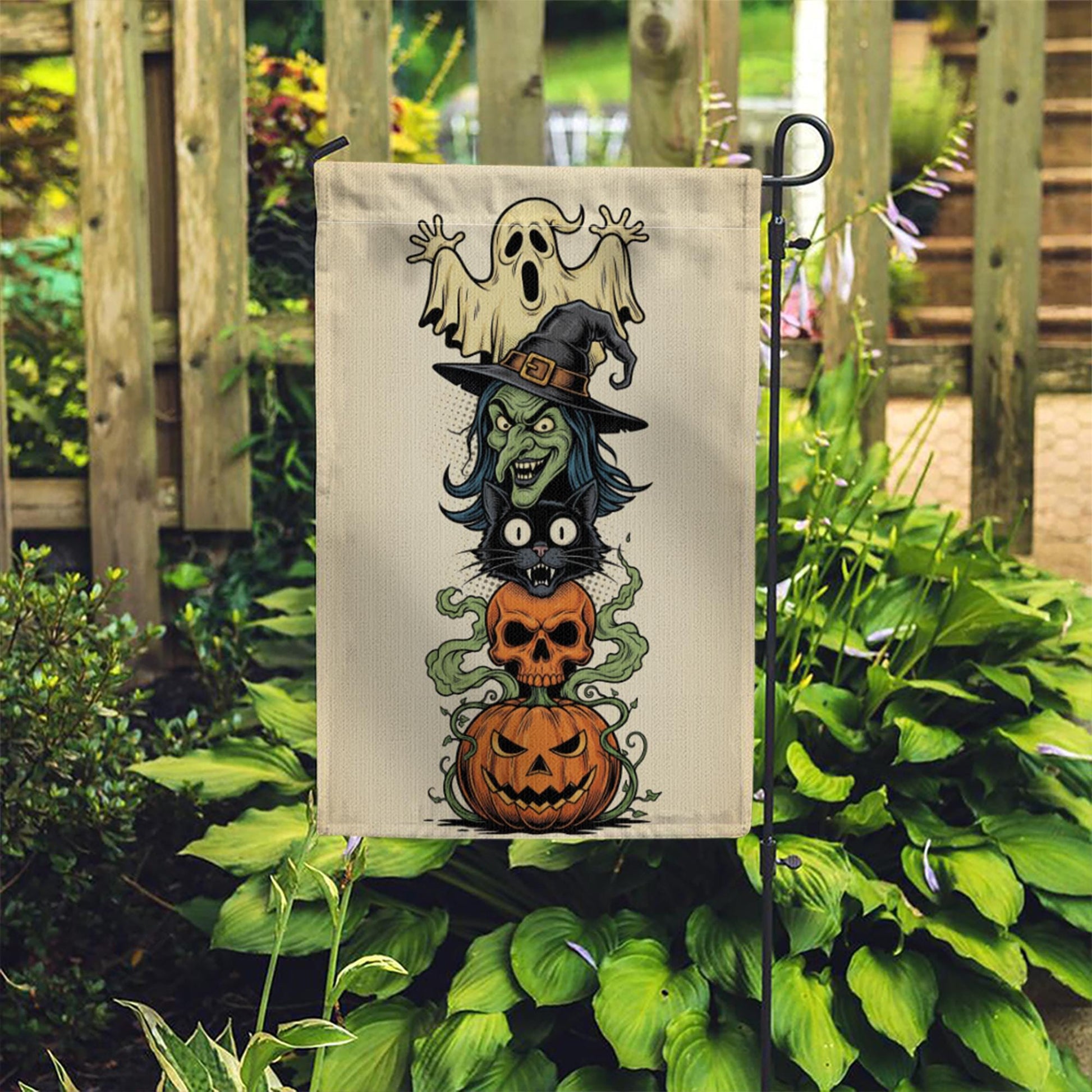 Halloween Garden Flag | Witch Ghost Black Cat Pumpkin Yard Decor | Fall Outdoor Banner | Spooky Lawn Decoration | Trick or Treat Sign