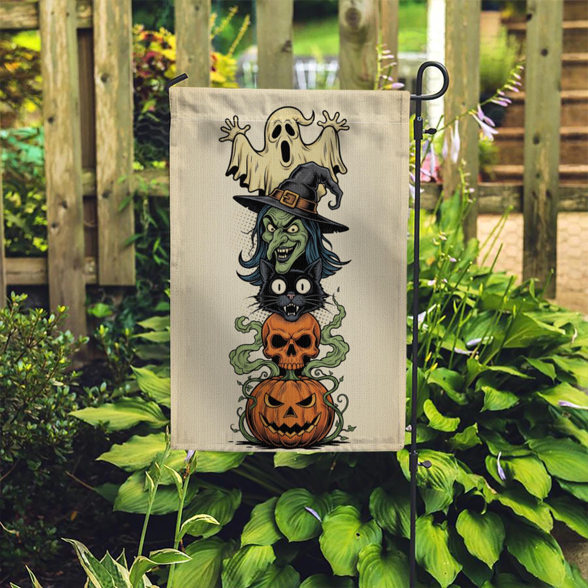 Halloween Garden Flag | Witch Ghost Black Cat Pumpkin Yard Decor | Fall Outdoor Banner | Spooky Lawn Decoration | Trick or Treat Sign