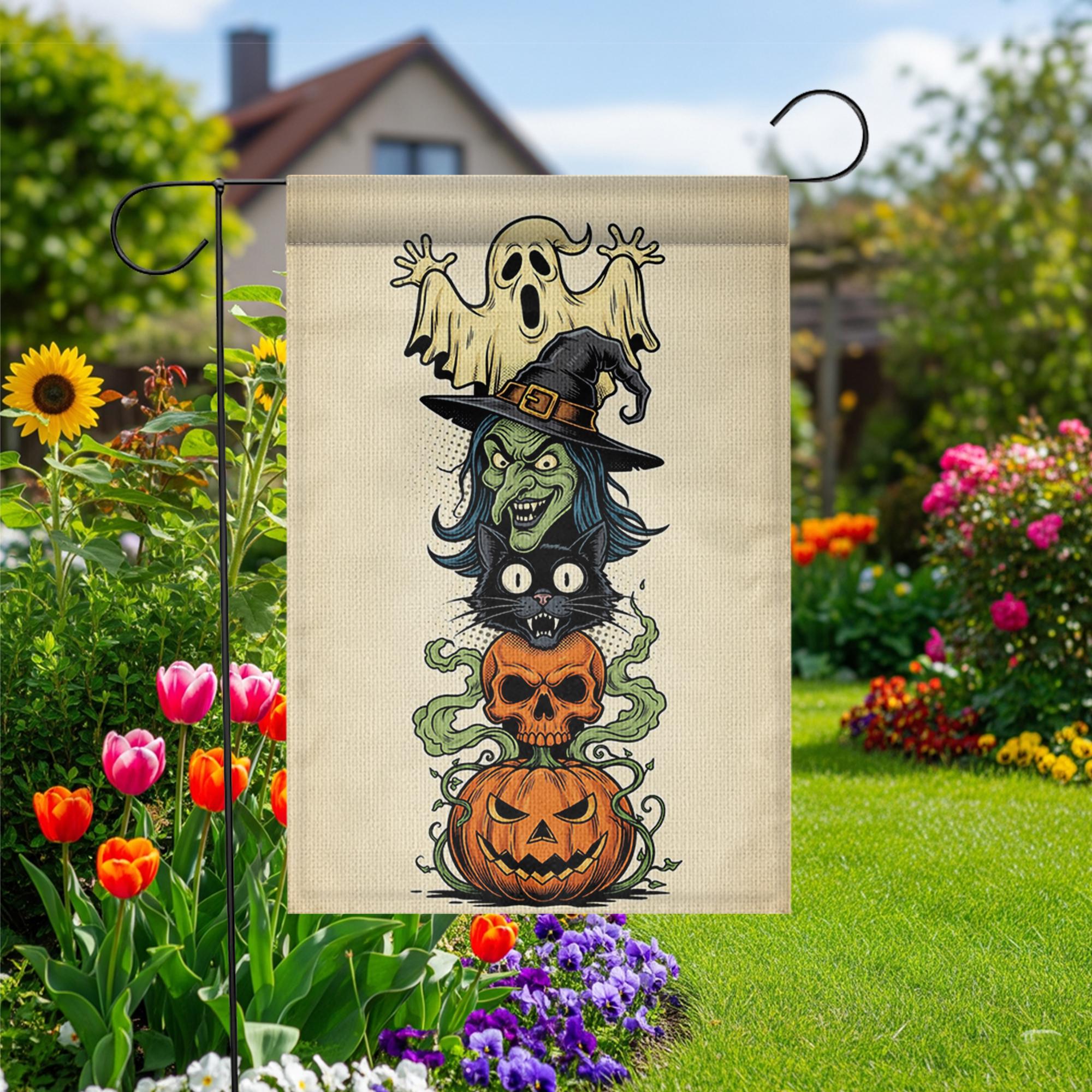 Halloween Garden Flag | Witch Ghost Black Cat Pumpkin Yard Decor | Fall Outdoor Banner | Spooky Lawn Decoration | Trick or Treat Sign