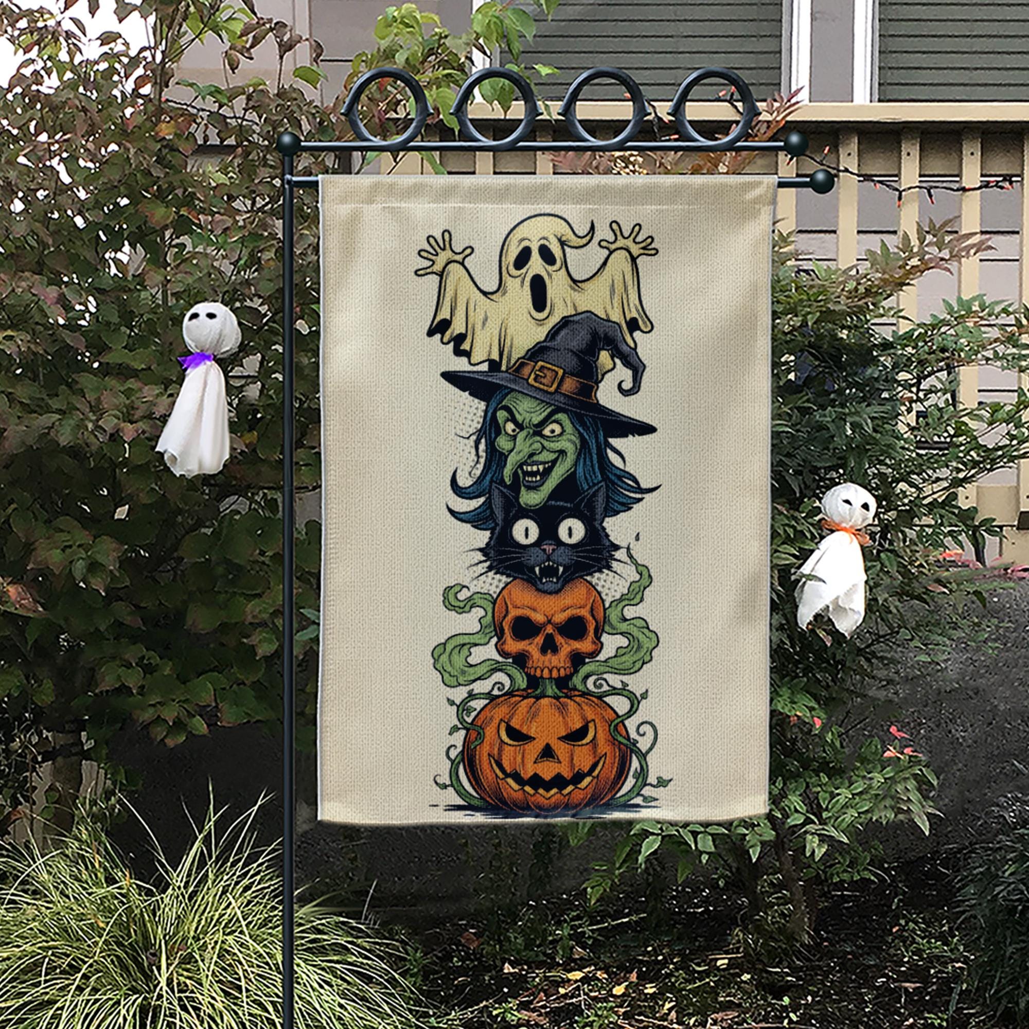 Halloween Garden Flag | Witch Ghost Black Cat Pumpkin Yard Decor | Fall Outdoor Banner | Spooky Lawn Decoration | Trick or Treat Sign