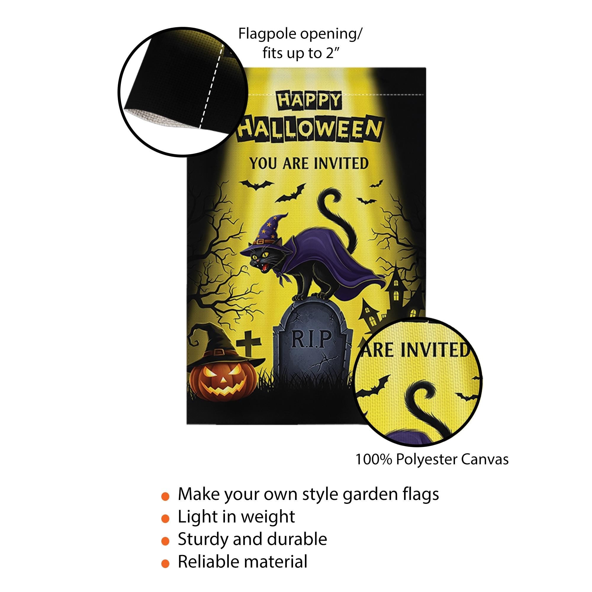 Halloween Garden Flag | Witch Cat Graveyard RIP Outdoor Banner | Scary Fall Yard Decor | Spooky Halloween Party Invitation Sign