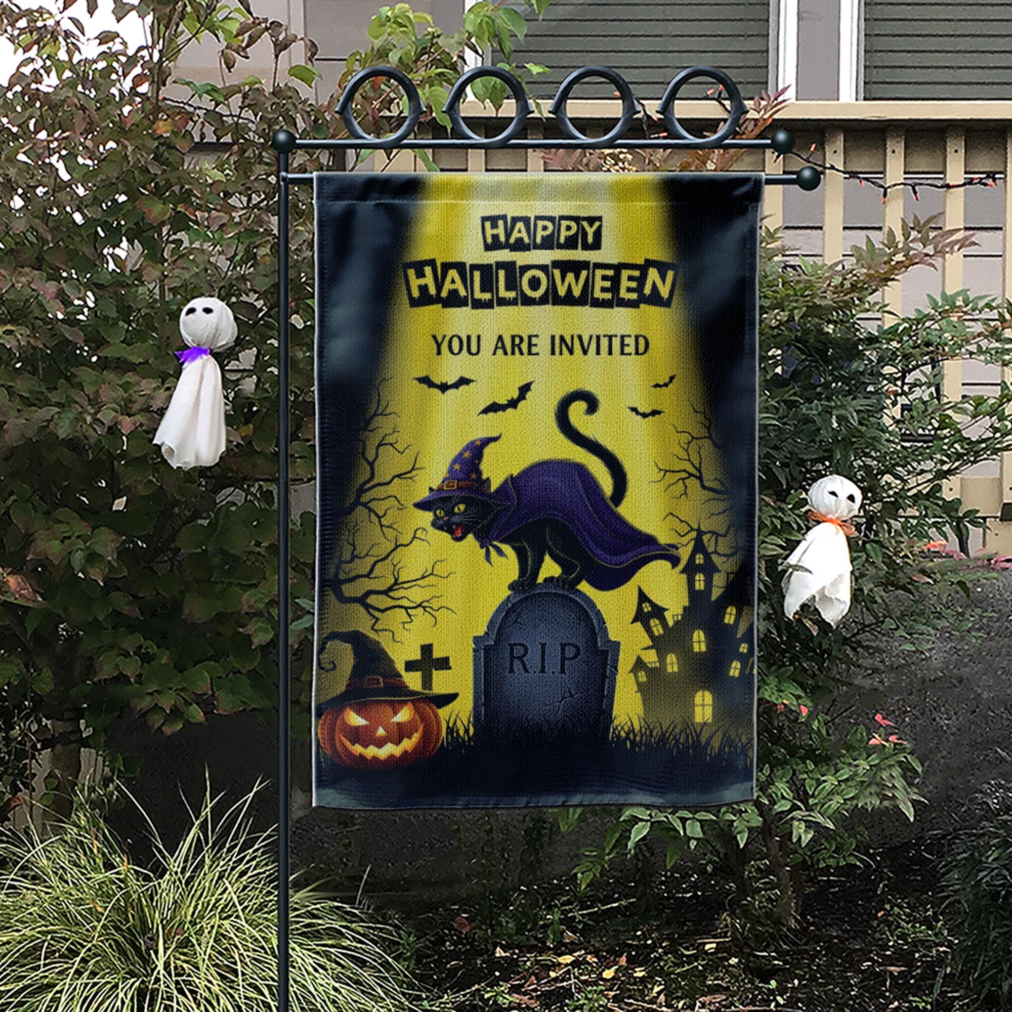 Halloween Garden Flag | Witch Cat Graveyard RIP Outdoor Banner | Scary Fall Yard Decor | Spooky Halloween Party Invitation Sign