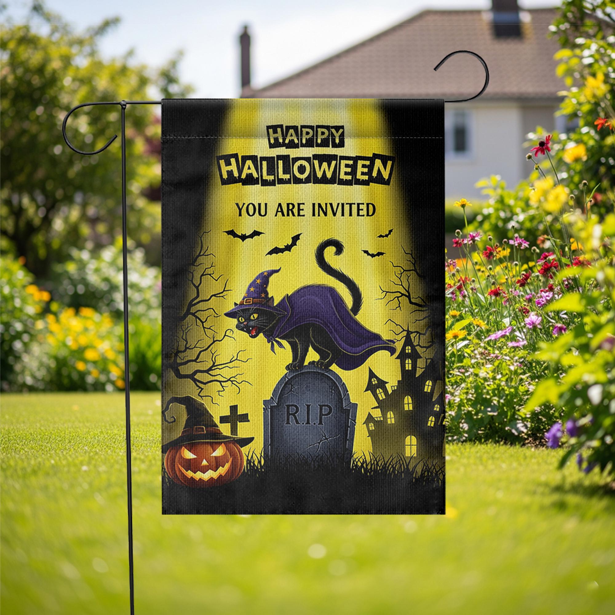 Halloween Garden Flag | Witch Cat Graveyard RIP Outdoor Banner | Scary Fall Yard Decor | Spooky Halloween Party Invitation Sign