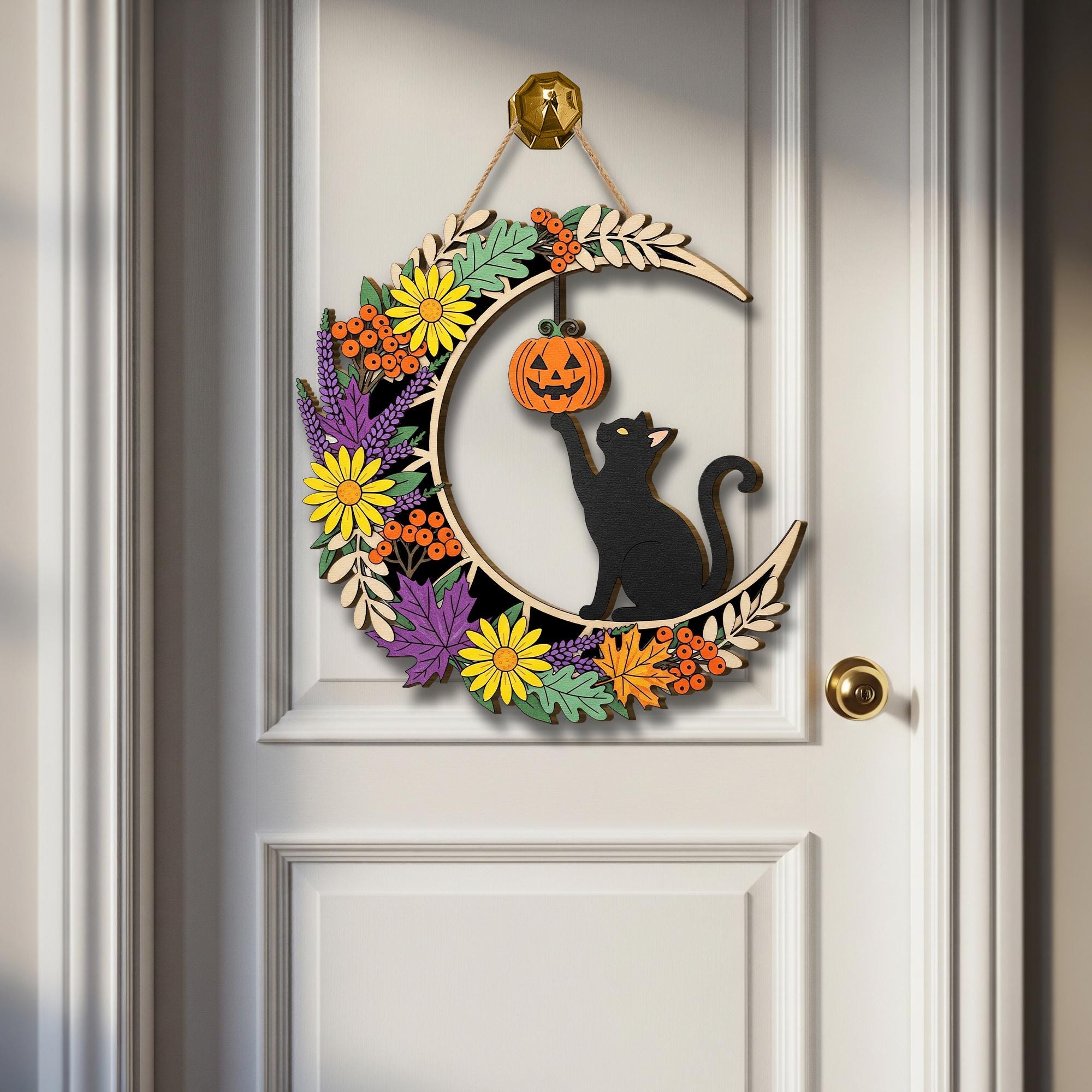 Halloween Black Cat Moon Sign, Spooky Floral Door Hanger, Pumpkin & Leaves Autumn Decor, Witchy Cat Welcome Sign, Fall Front Door Wreath