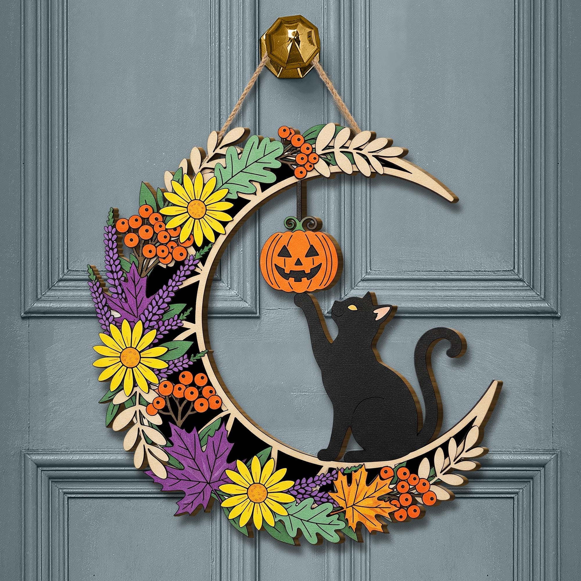 Halloween Black Cat Moon Sign, Spooky Floral Door Hanger, Pumpkin & Leaves Autumn Decor, Witchy Cat Welcome Sign, Fall Front Door Wreath
