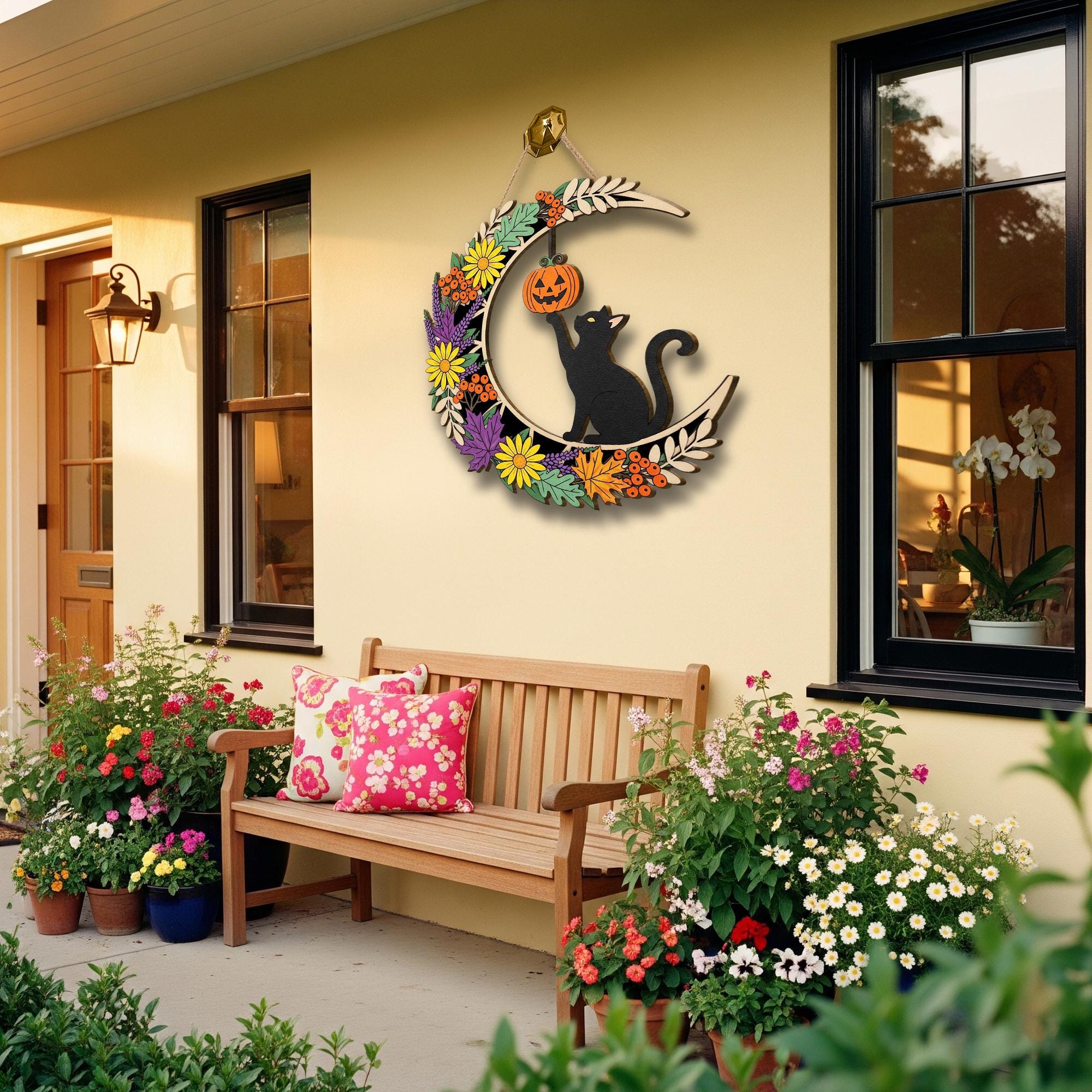 Halloween Black Cat Moon Sign, Spooky Floral Door Hanger, Pumpkin & Leaves Autumn Decor, Witchy Cat Welcome Sign, Fall Front Door Wreath