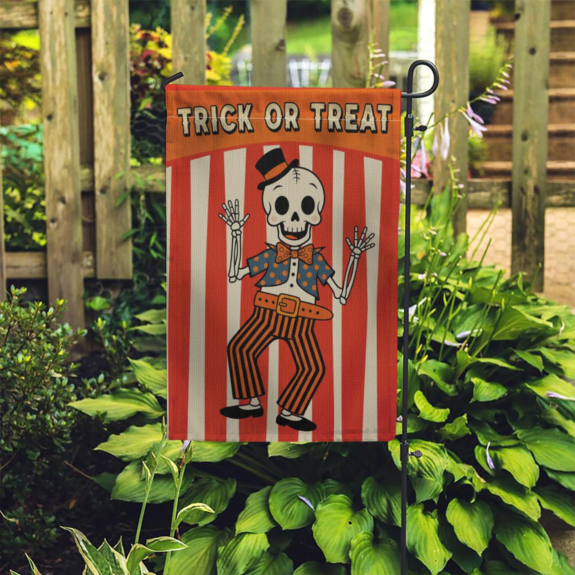 Halloween Garden Flag | Retro Skeleton Trick or Treat Yard Banner | Vintage Fall Outdoor Decor | Spooky Striped Party Sign