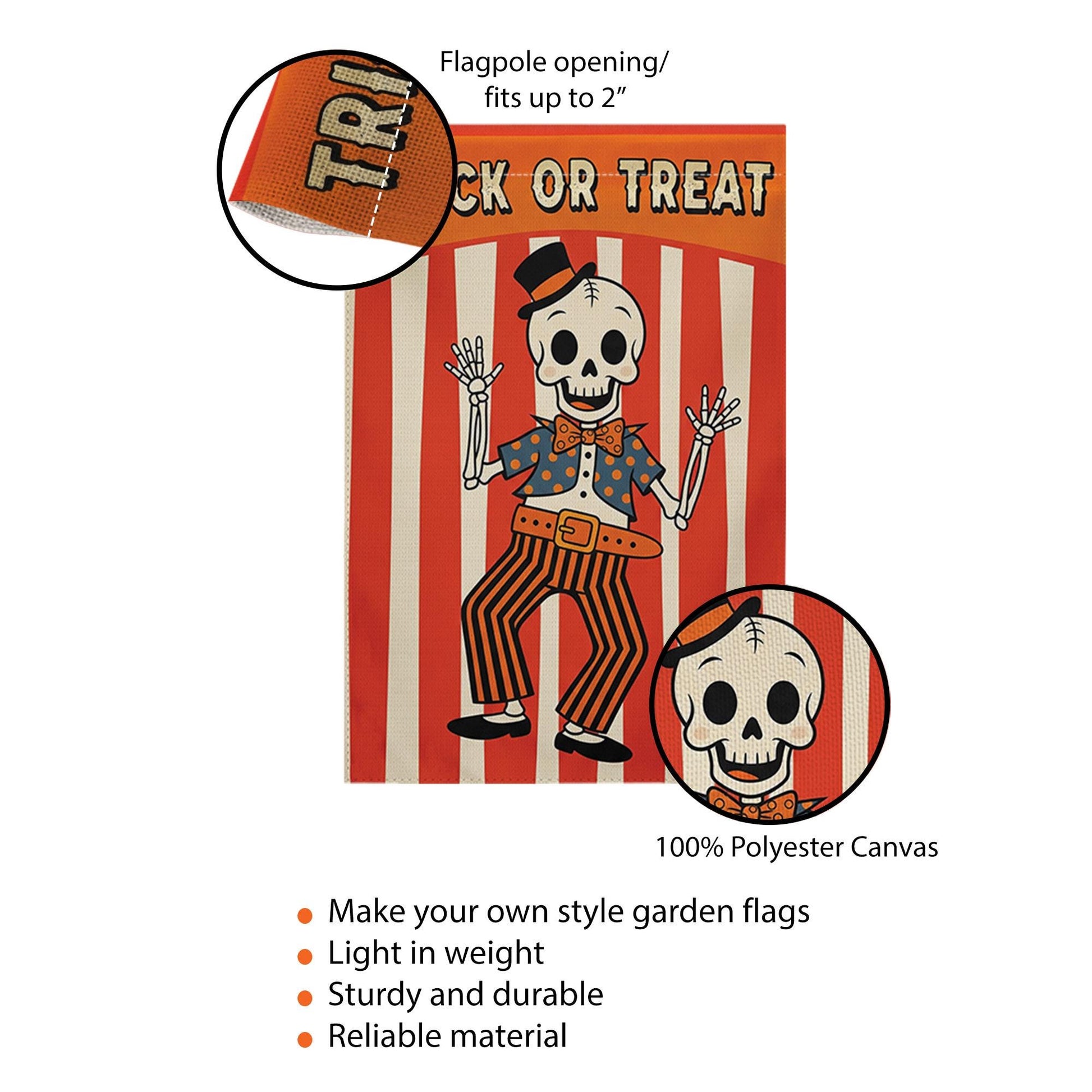 Halloween Garden Flag | Retro Skeleton Trick or Treat Yard Banner | Vintage Fall Outdoor Decor | Spooky Striped Party Sign