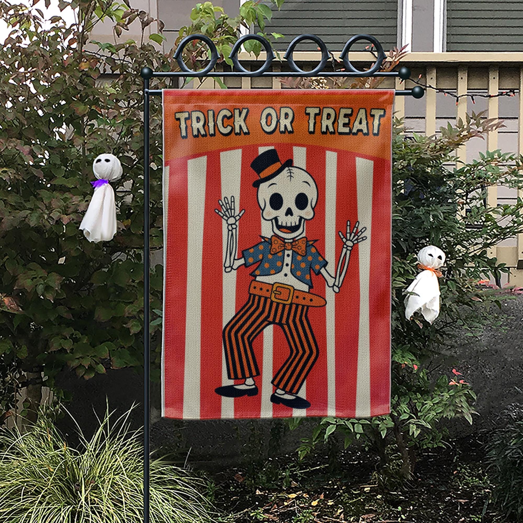 Halloween Garden Flag | Retro Skeleton Trick or Treat Yard Banner | Vintage Fall Outdoor Decor | Spooky Striped Party Sign