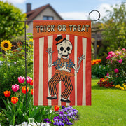 Halloween Garden Flag | Retro Skeleton Trick or Treat Yard Banner | Vintage Fall Outdoor Decor | Spooky Striped Party Sign