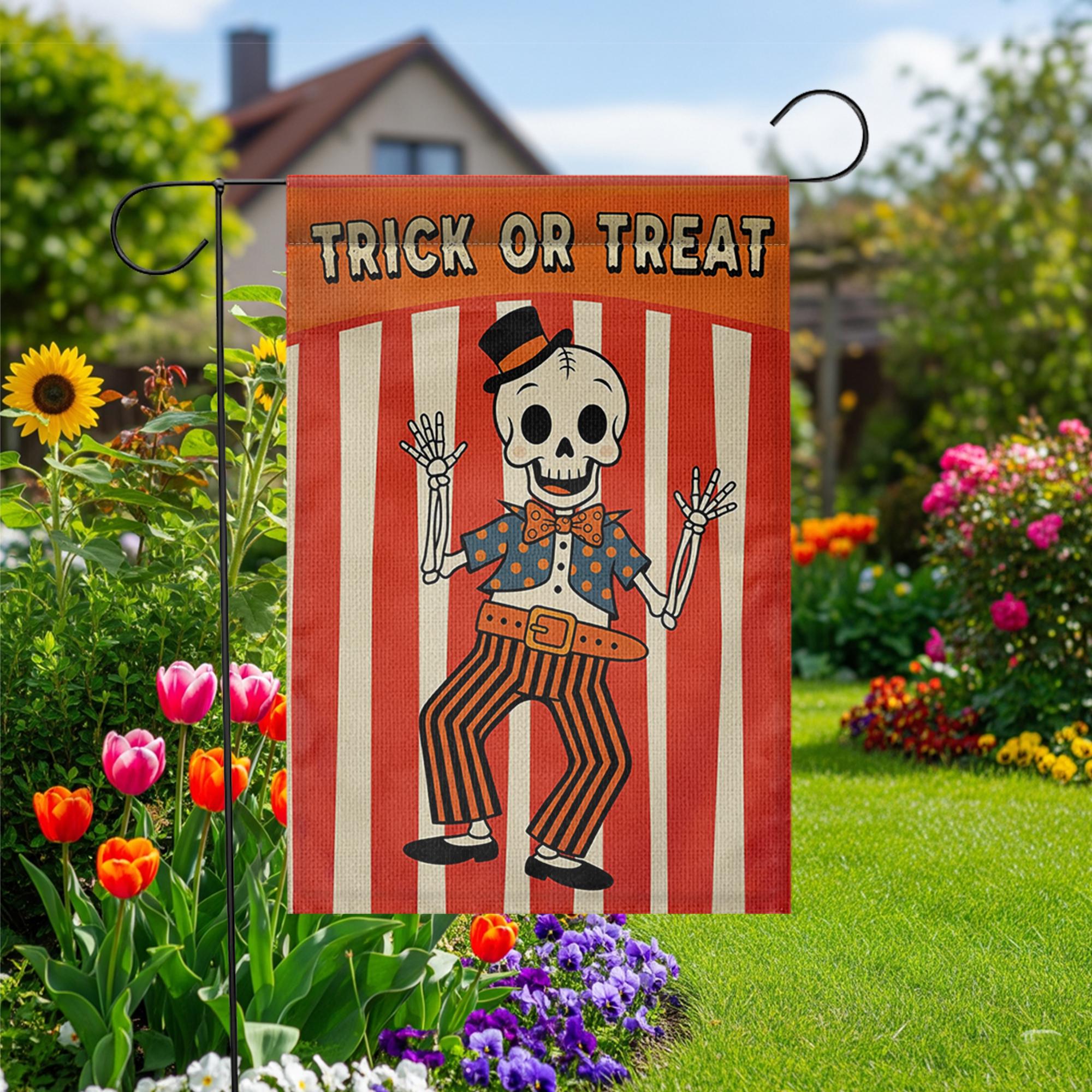 Halloween Garden Flag | Retro Skeleton Trick or Treat Yard Banner | Vintage Fall Outdoor Decor | Spooky Striped Party Sign