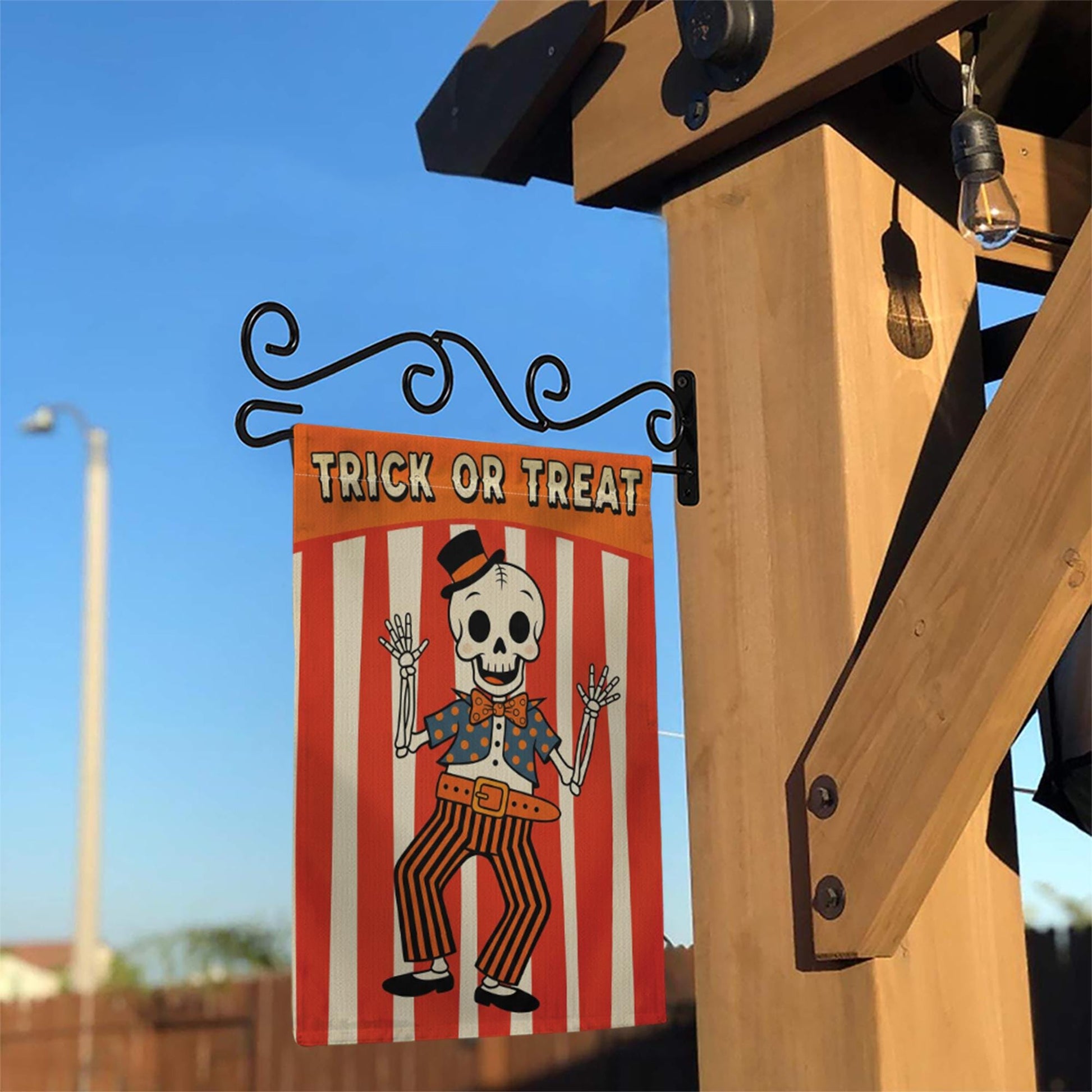 Halloween Garden Flag | Retro Skeleton Trick or Treat Yard Banner | Vintage Fall Outdoor Decor | Spooky Striped Party Sign