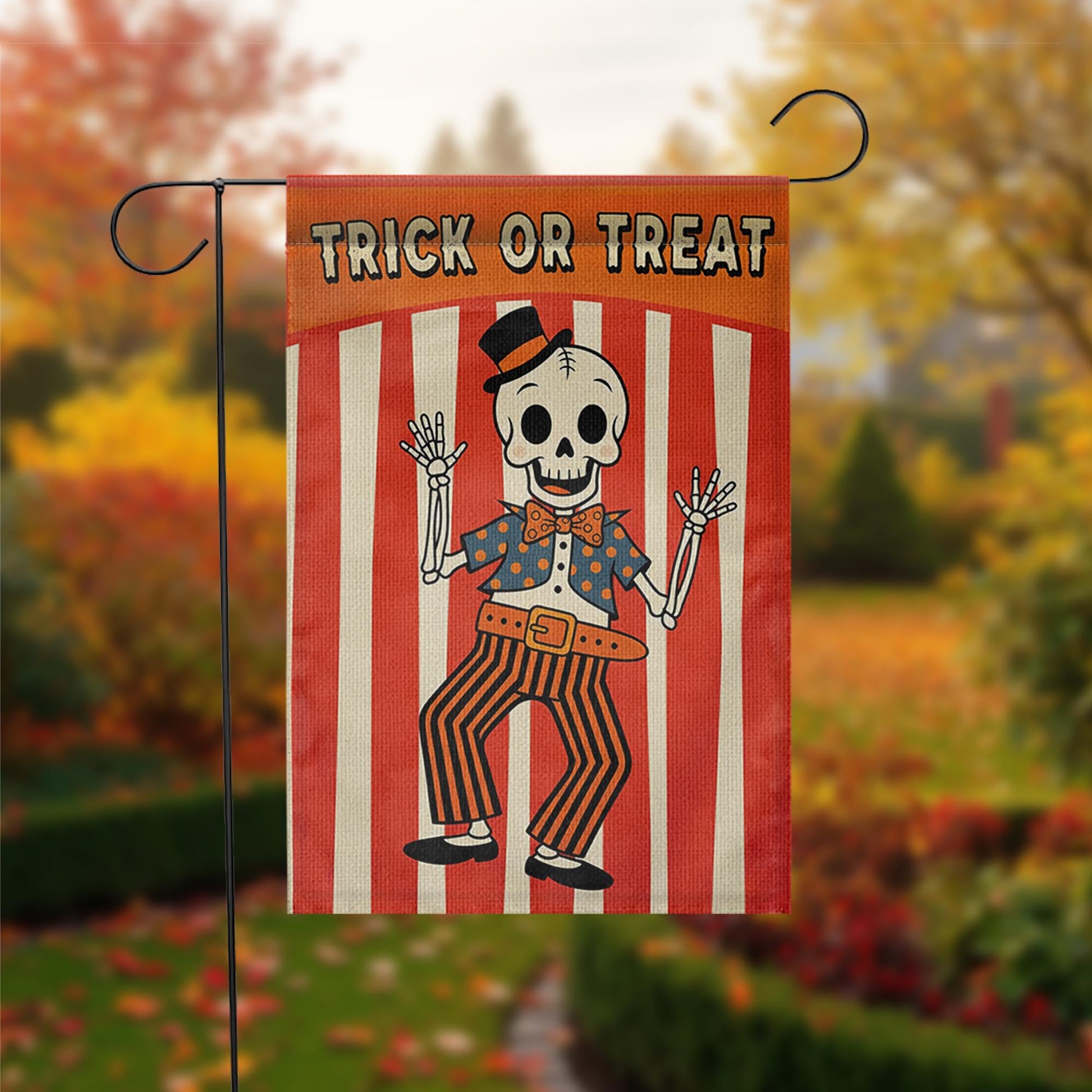 Halloween Garden Flag | Retro Skeleton Trick or Treat Yard Banner | Vintage Fall Outdoor Decor | Spooky Striped Party Sign