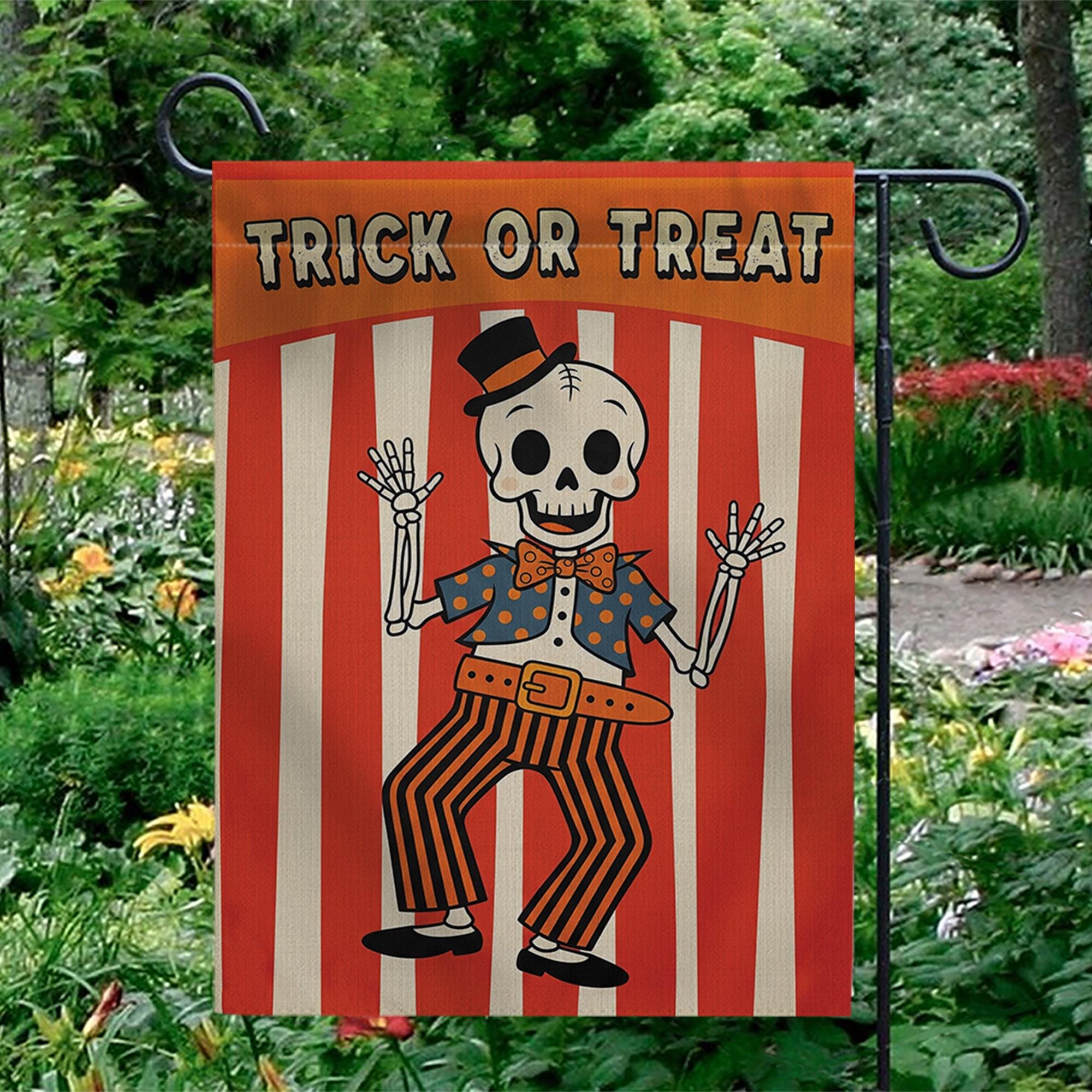 Halloween Garden Flag | Retro Skeleton Trick or Treat Yard Banner | Vintage Fall Outdoor Decor | Spooky Striped Party Sign