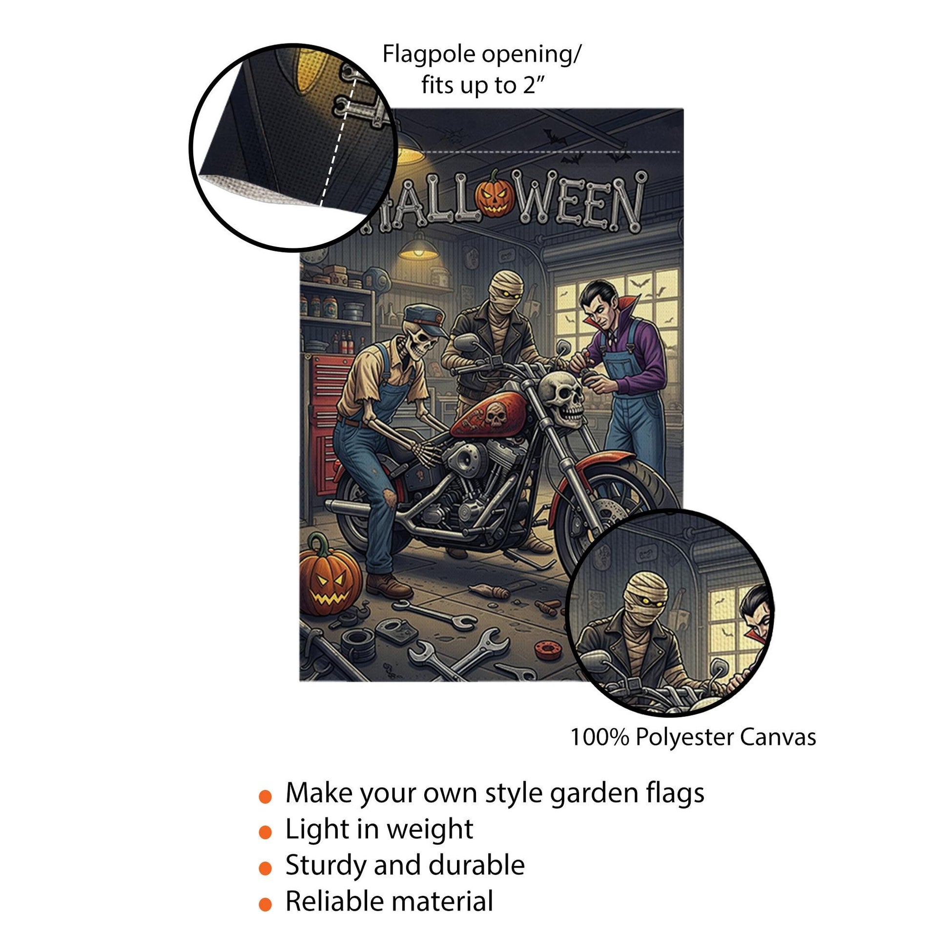 Halloween Garage Garden Flag | Biker Skeleton Motorcycle Yard Banner | Spooky Mechanic Outdoor Decor | Fall Horror Garage Sign