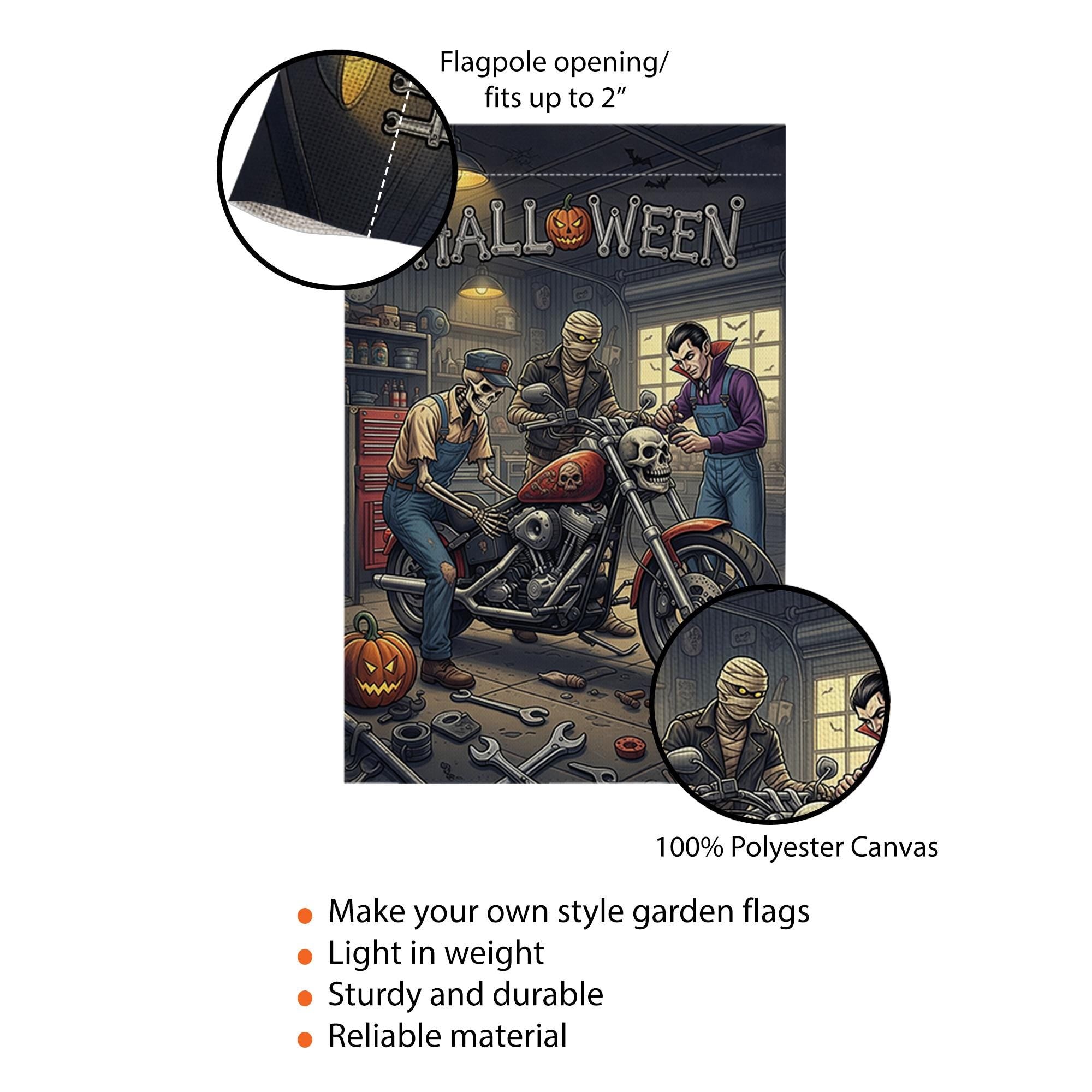 Halloween Garage Garden Flag | Biker Skeleton Motorcycle Yard Banner | Spooky Mechanic Outdoor Decor | Fall Horror Garage Sign