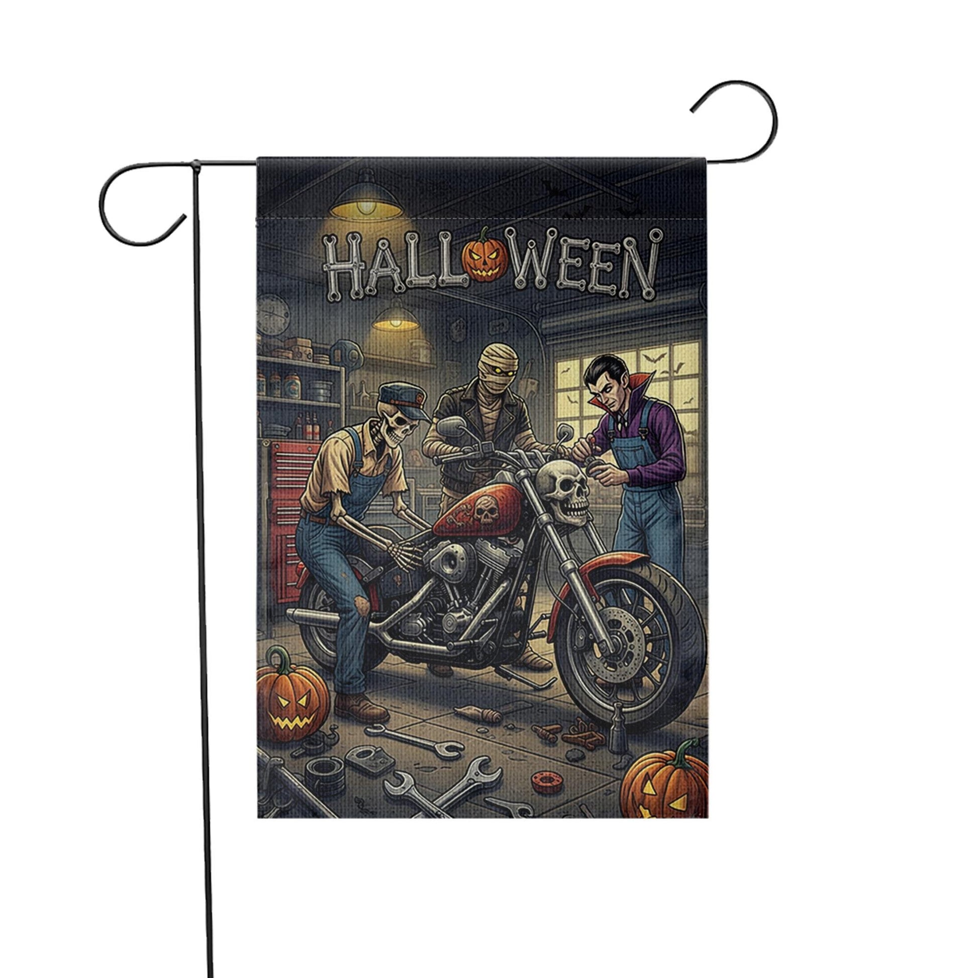 Halloween Garage Garden Flag | Biker Skeleton Motorcycle Yard Banner | Spooky Mechanic Outdoor Decor | Fall Horror Garage Sign