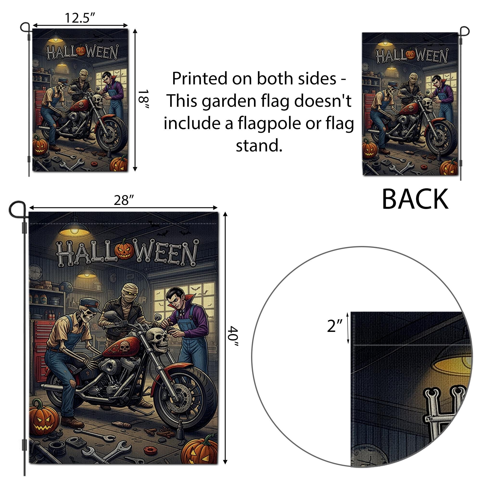 Halloween Garage Garden Flag | Biker Skeleton Motorcycle Yard Banner | Spooky Mechanic Outdoor Decor | Fall Horror Garage Sign