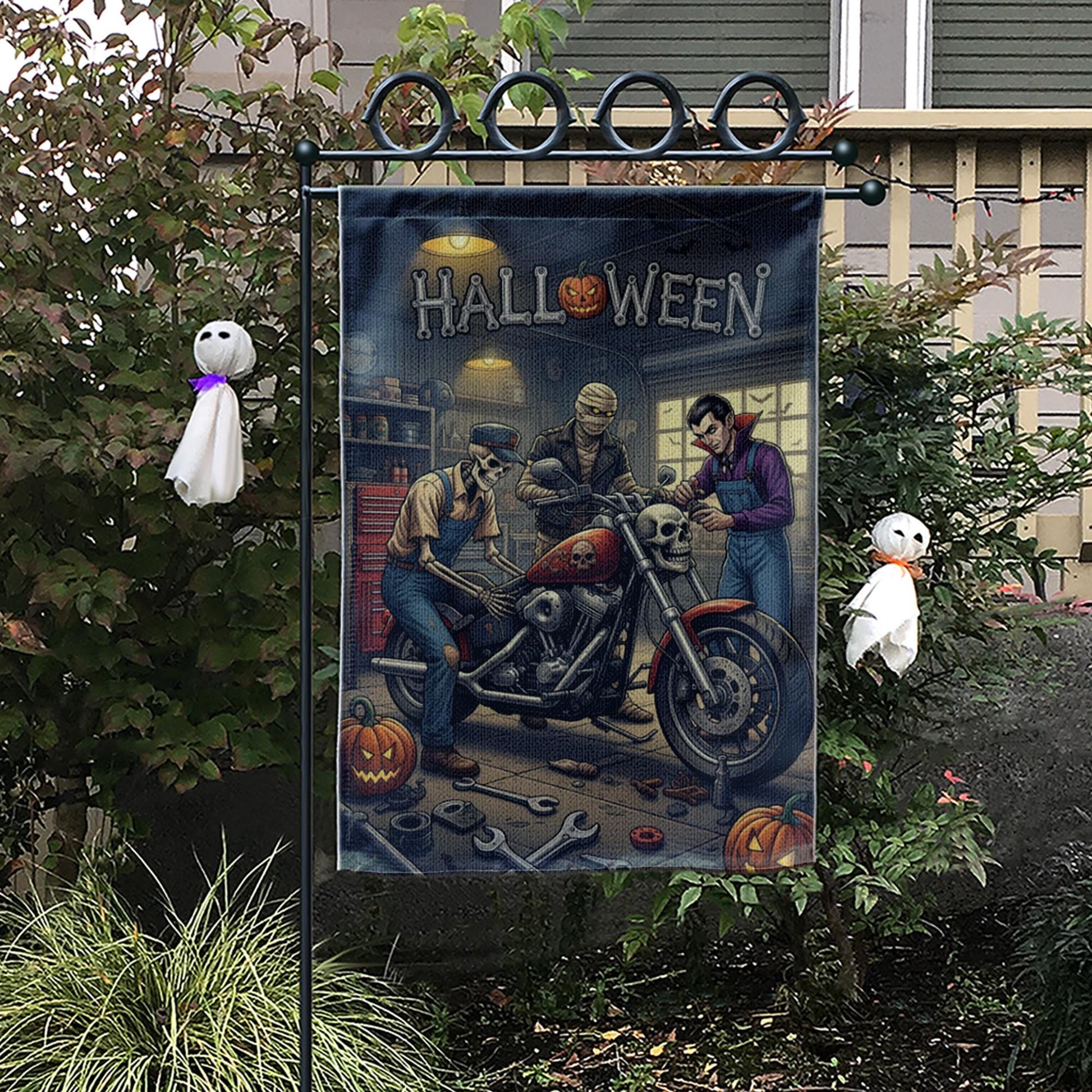 Halloween Garage Garden Flag | Biker Skeleton Motorcycle Yard Banner | Spooky Mechanic Outdoor Decor | Fall Horror Garage Sign