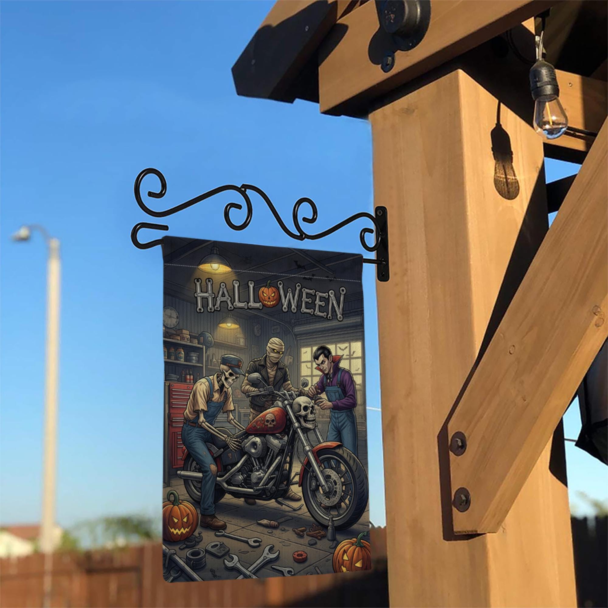 Halloween Garage Garden Flag | Biker Skeleton Motorcycle Yard Banner | Spooky Mechanic Outdoor Decor | Fall Horror Garage Sign