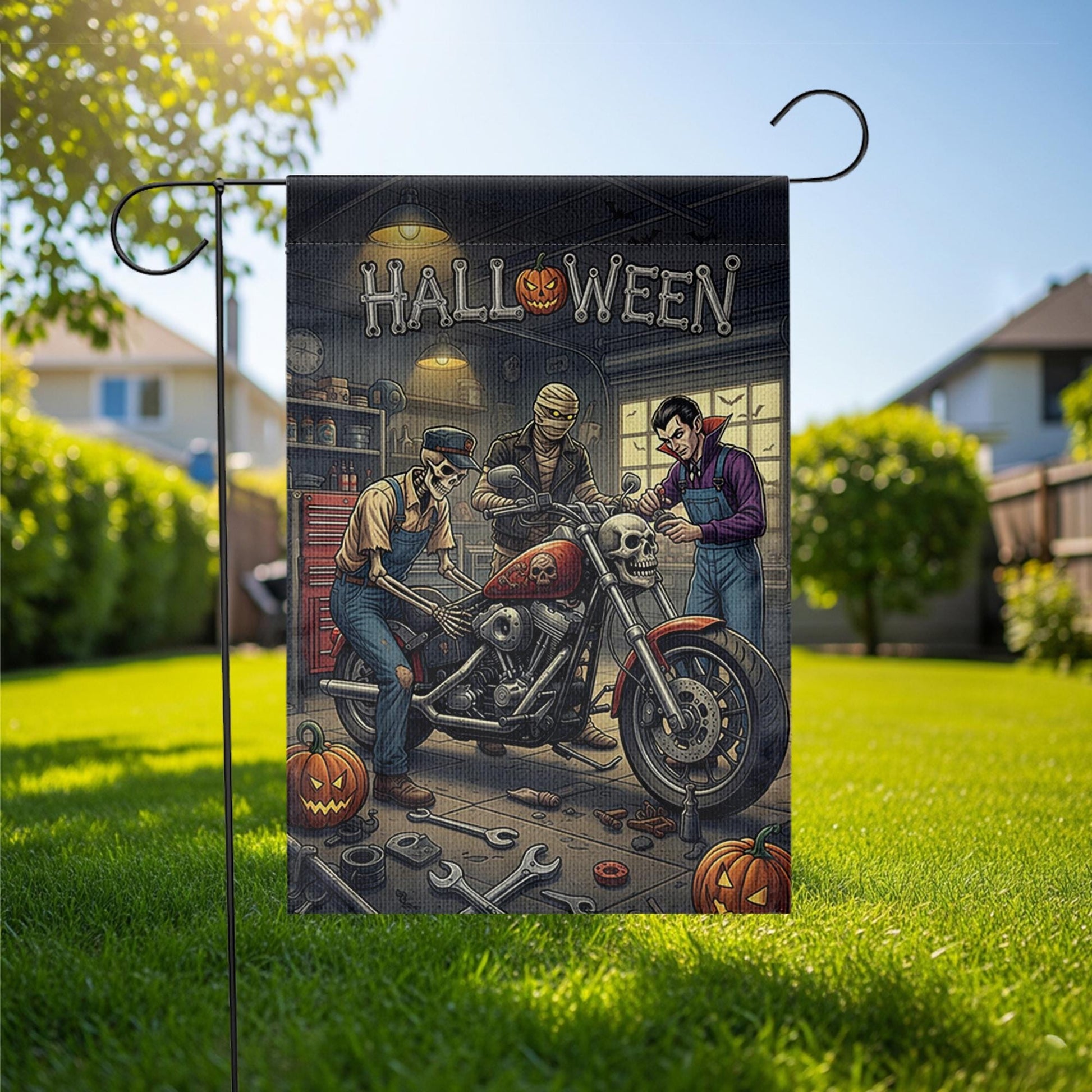 Halloween Garage Garden Flag | Biker Skeleton Motorcycle Yard Banner | Spooky Mechanic Outdoor Decor | Fall Horror Garage Sign