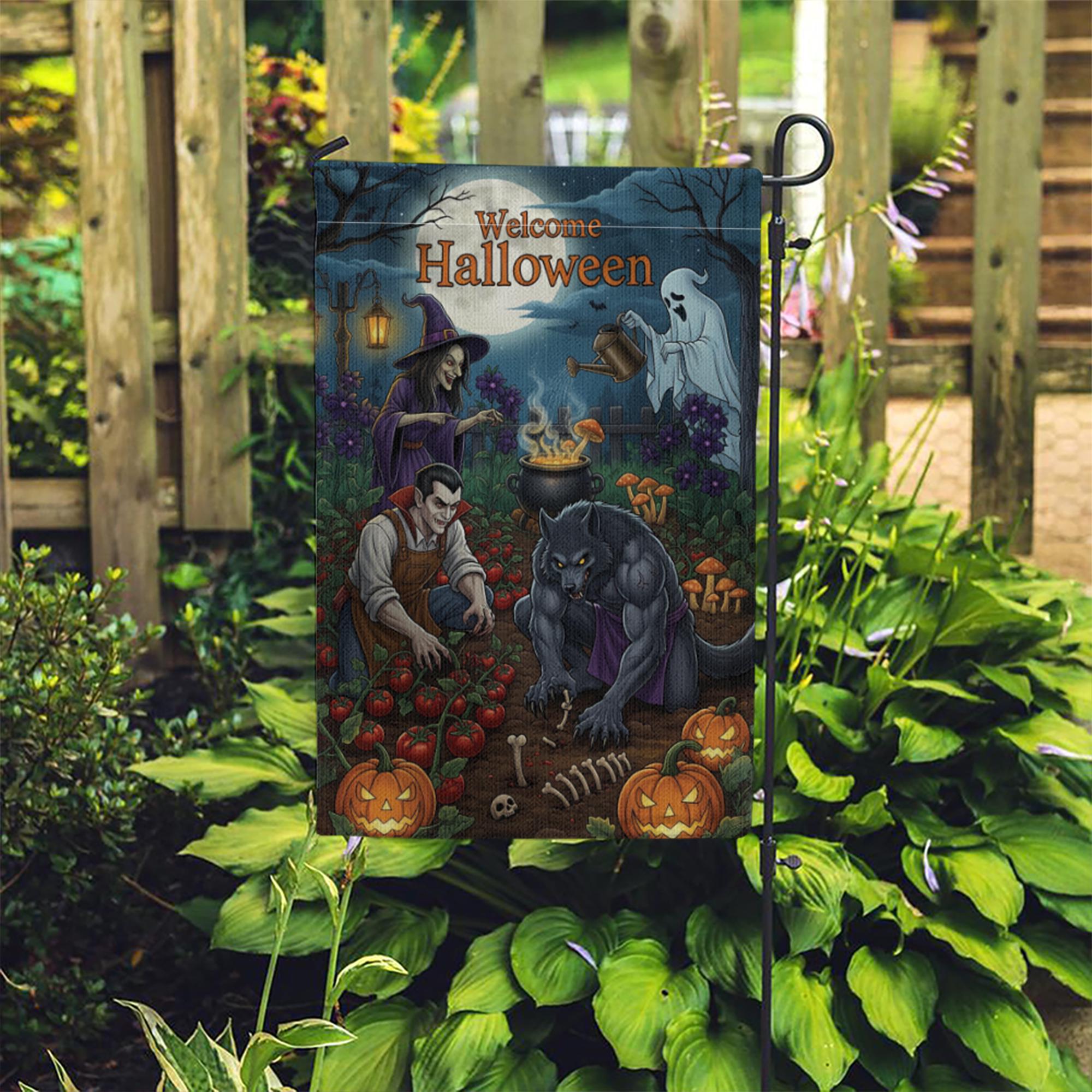 Welcome Halloween Garden Flag | Spooky Witch Vampire Werewolf Yard Banner | Fall Outdoor Decor | Haunted Garden Halloween Sign