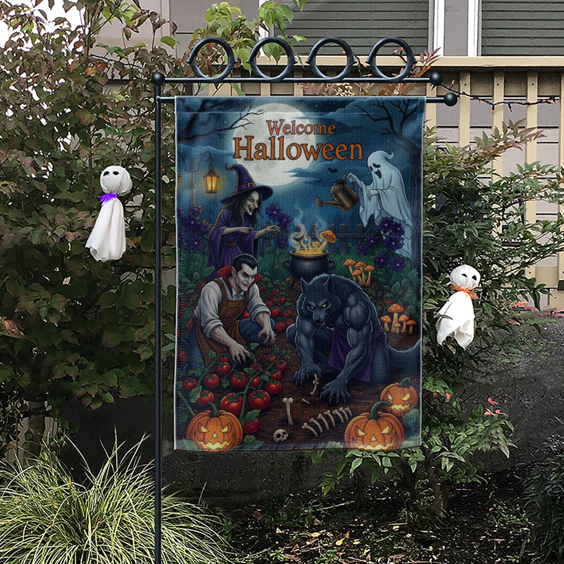 Welcome Halloween Garden Flag | Spooky Witch Vampire Werewolf Yard Banner | Fall Outdoor Decor | Haunted Garden Halloween Sign